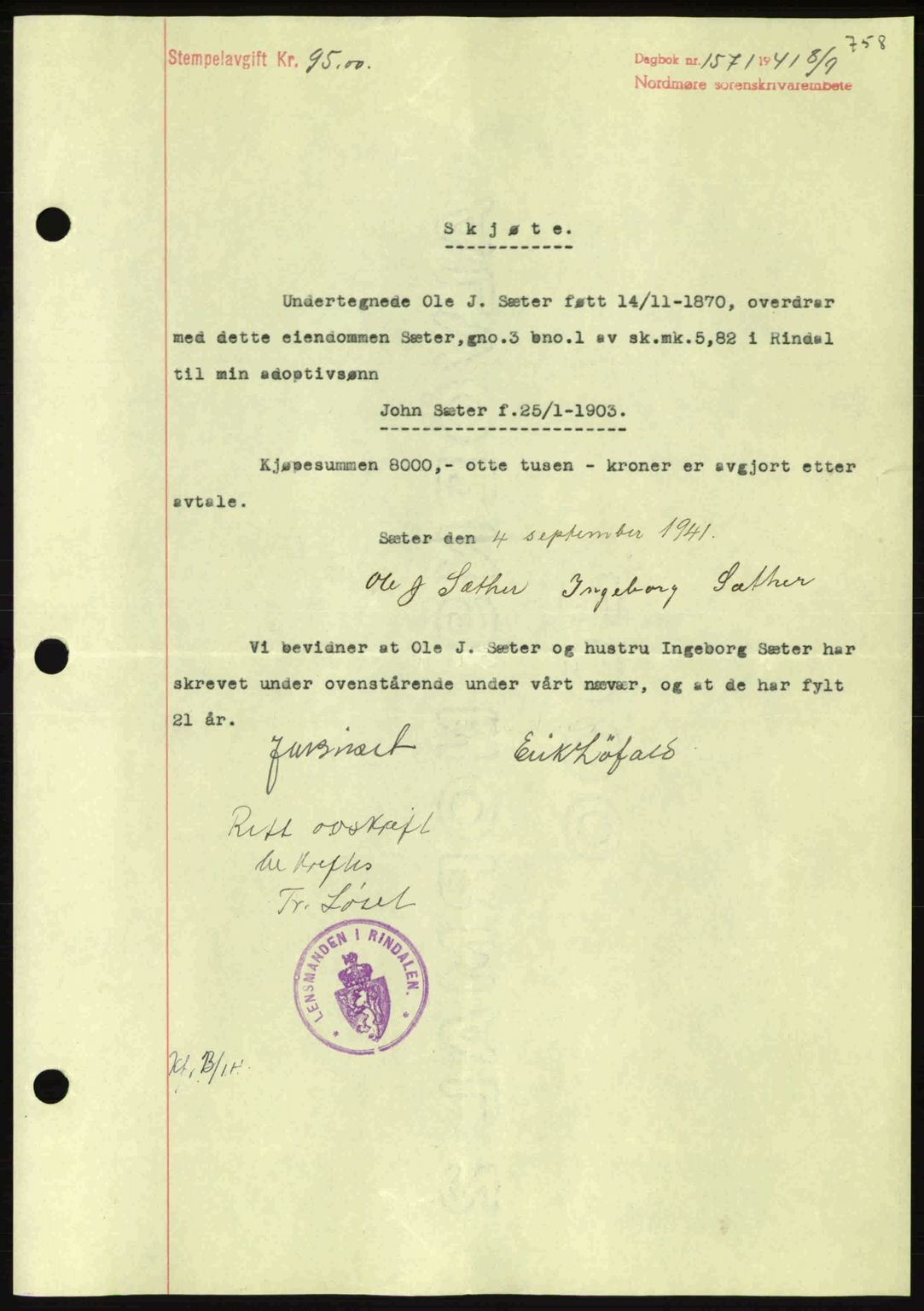 Nordmøre sorenskriveri, SAT/A-4132/1/2/2Ca: Pantebok nr. A90, 1941-1941, Dagboknr: 1571/1941