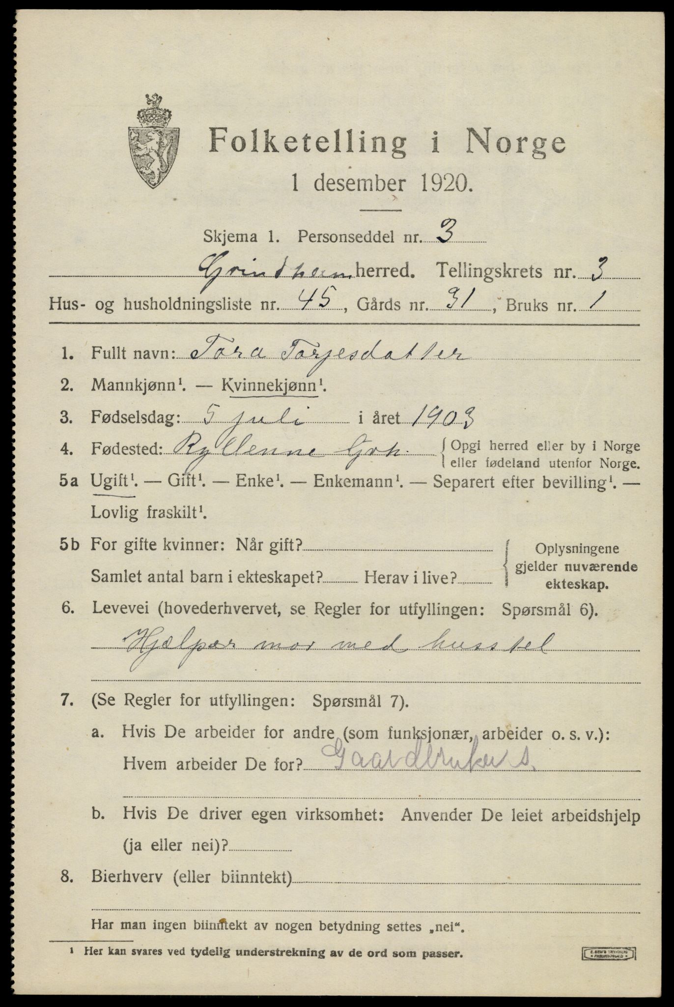 SAK, Folketelling 1920 for 1025 Grindheim herred, 1920, s. 1397
