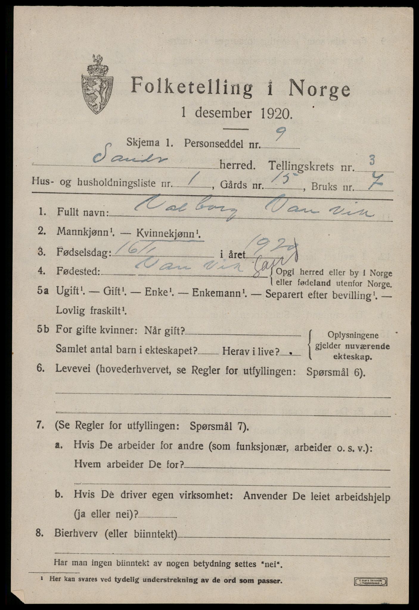 SAST, Folketelling 1920 for 1136 Sand herred, 1920, s. 1071