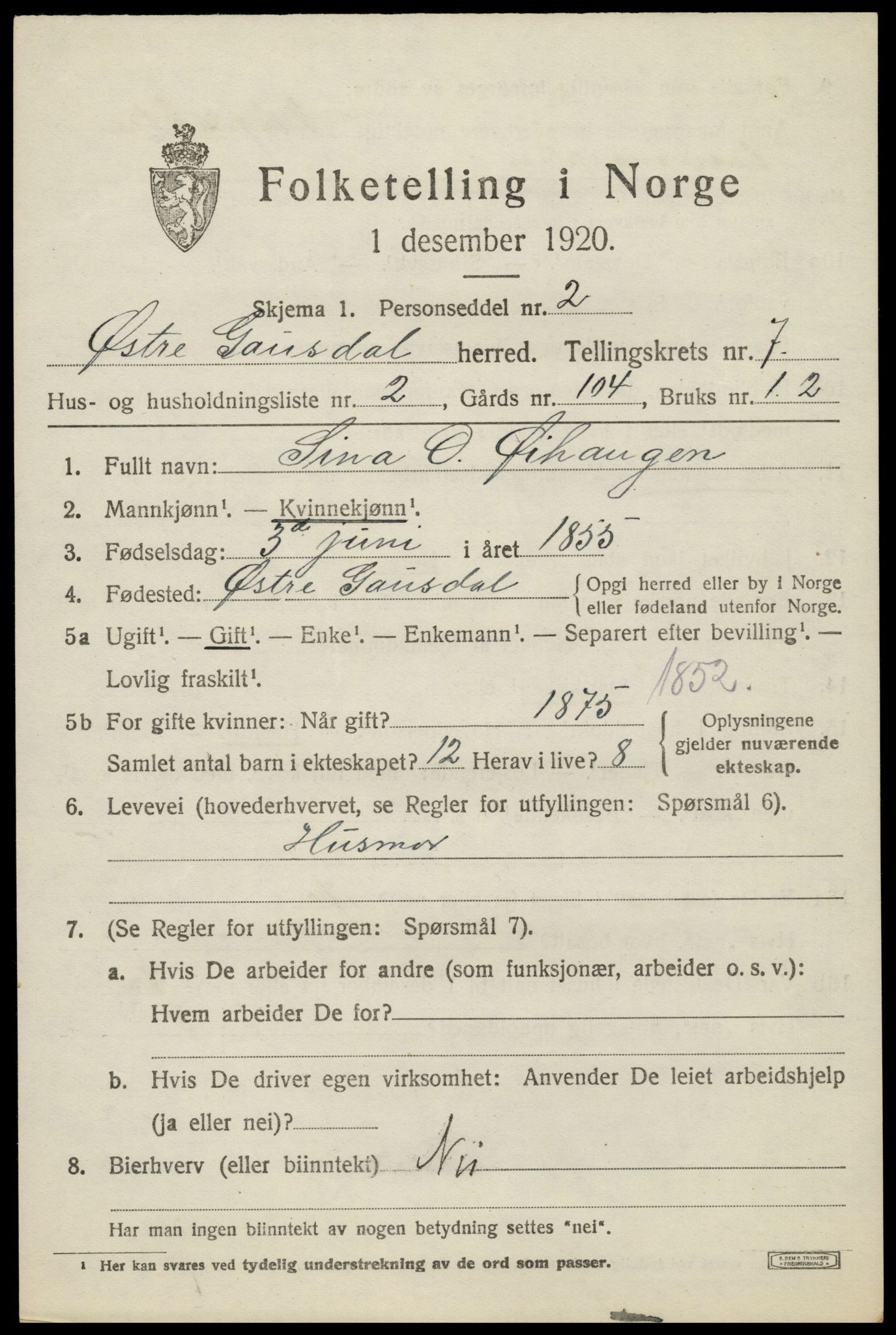SAH, Folketelling 1920 for 0522 Østre Gausdal herred, 1920, s. 3876