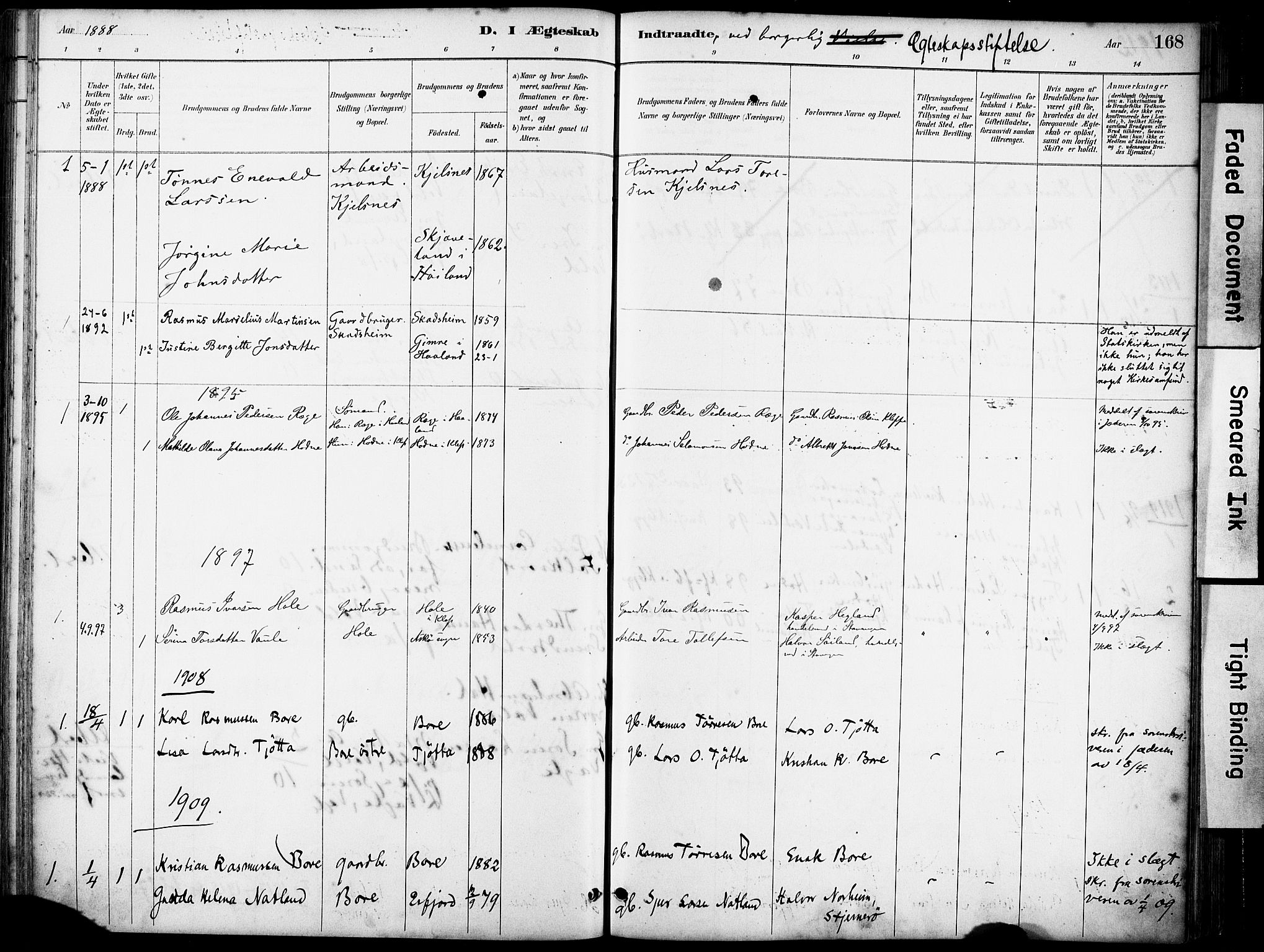 Klepp sokneprestkontor, SAST/A-101803/001/3/30BA/L0008: Ministerialbok nr. A 9, 1886-1919, s. 168