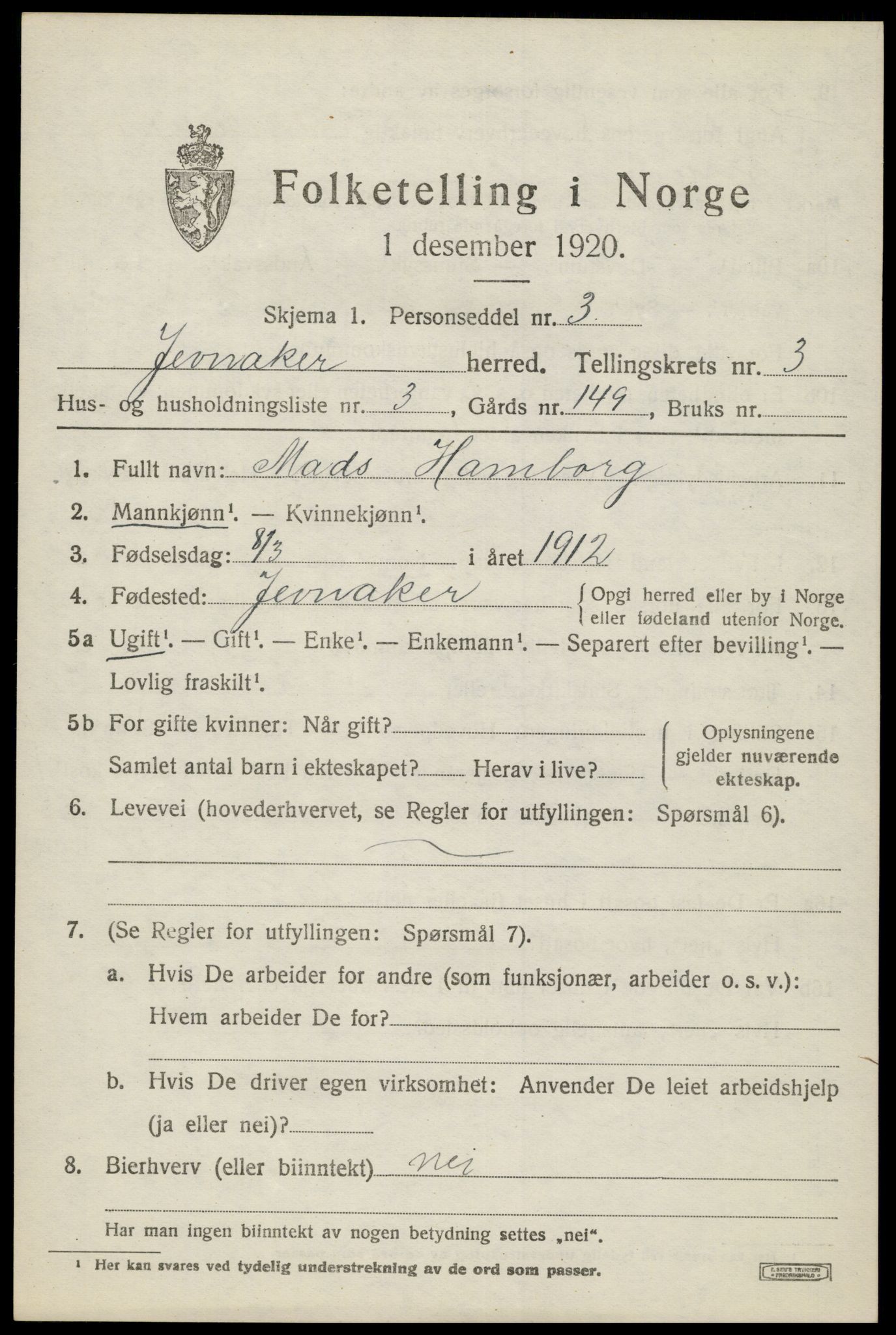 SAH, Folketelling 1920 for 0532 Jevnaker herred, 1920, s. 5397