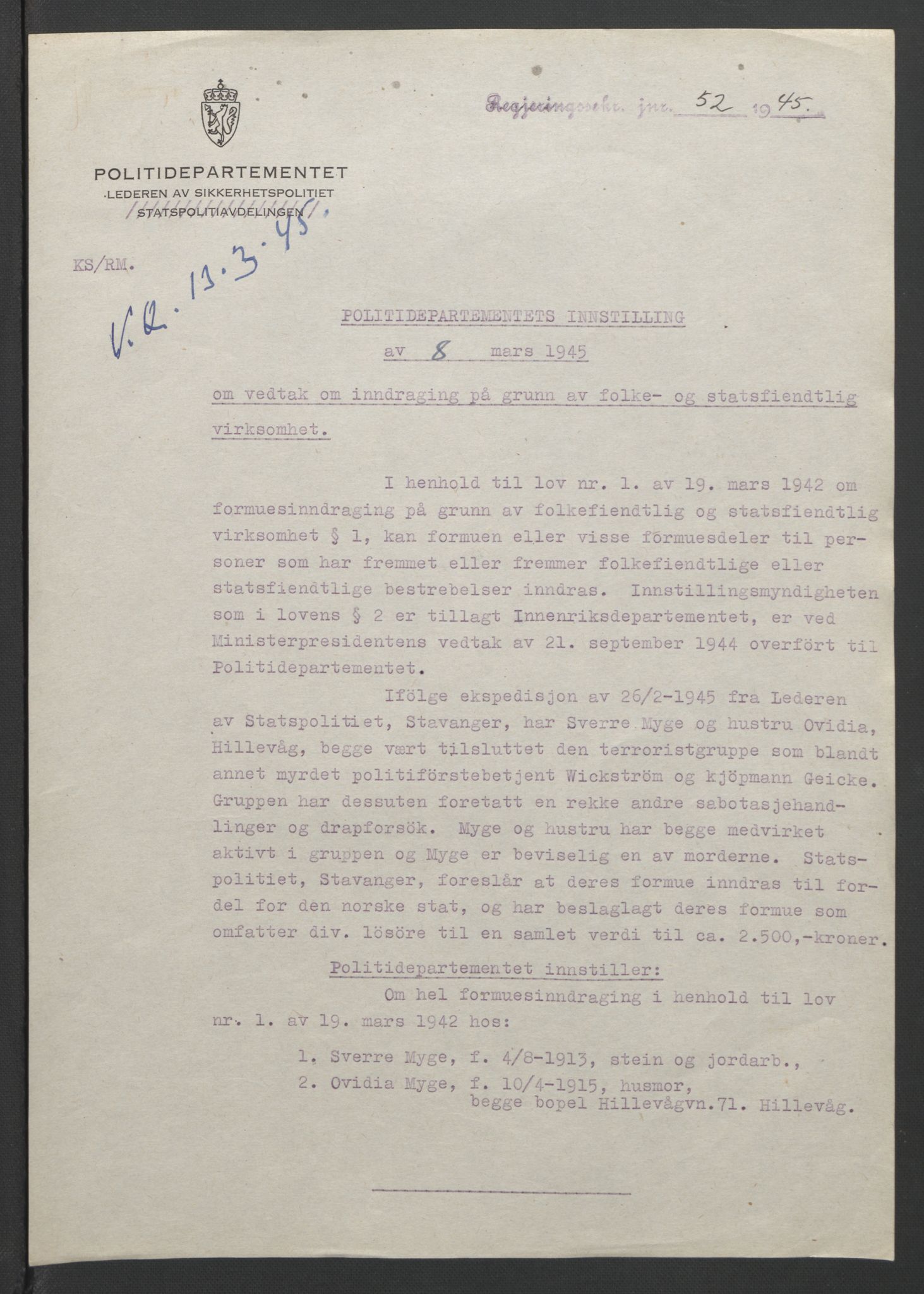 NS-administrasjonen 1940-1945 (Statsrådsekretariatet, de kommisariske statsråder mm), RA/S-4279/D/Db/L0090: Foredrag til vedtak utenfor ministermøte, 1942-1945, s. 680