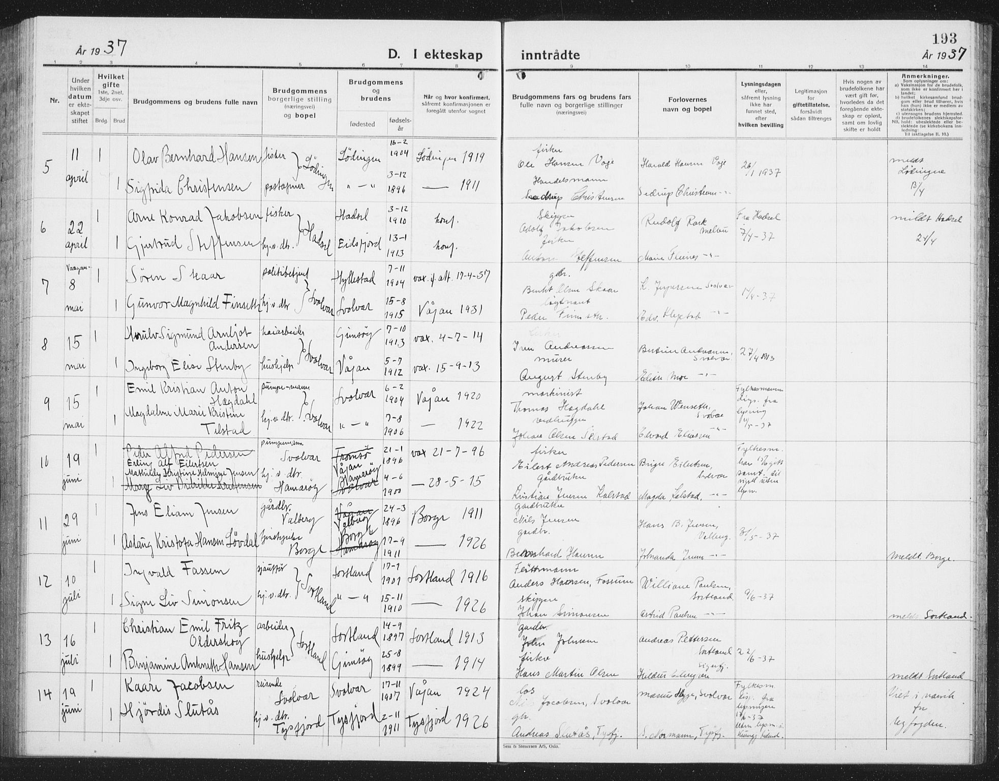 Ministerialprotokoller, klokkerbøker og fødselsregistre - Nordland, AV/SAT-A-1459/877/L1117: Klokkerbok nr. 877C01, 1923-1942, s. 193