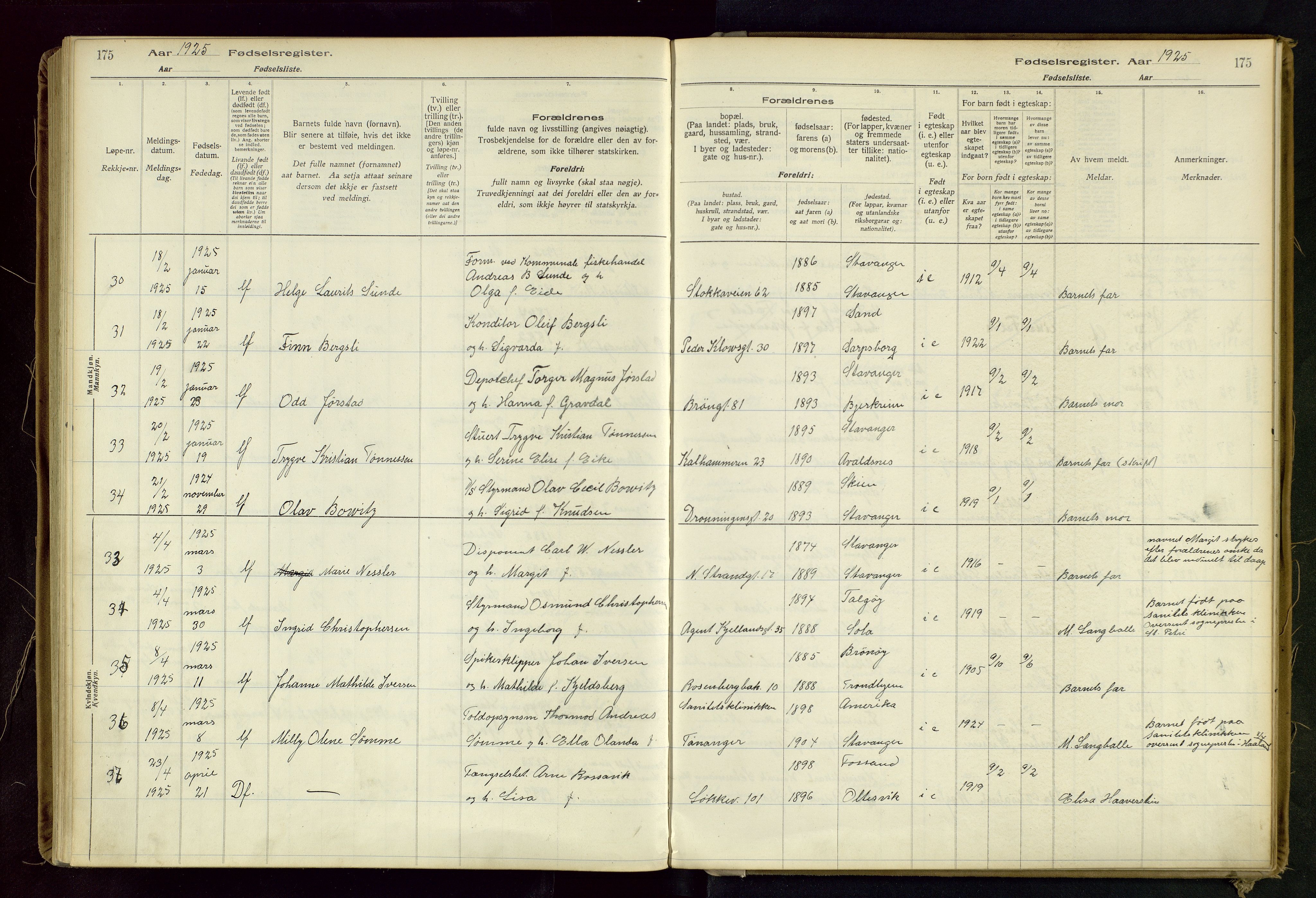 Domkirken sokneprestkontor, SAST/A-101812/002/B/L0002: Fødselsregister nr. 2, 1920-1925, s. 175