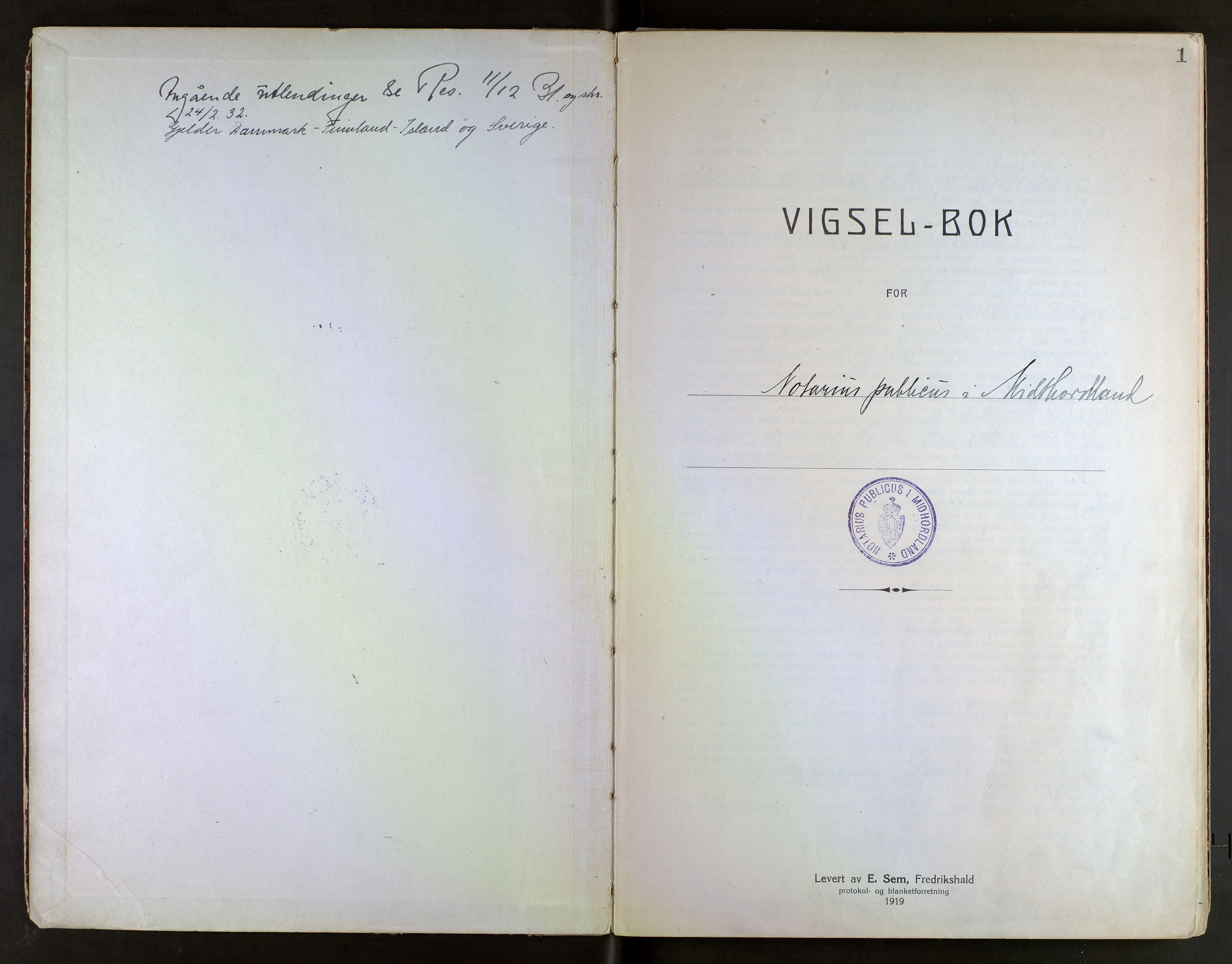 Midhordland sorenskriveri, SAB/A-3001/1/M/Mc/Mca/L0001: Notarialbilag. Vigselbøker, 1920-1939, s. 1