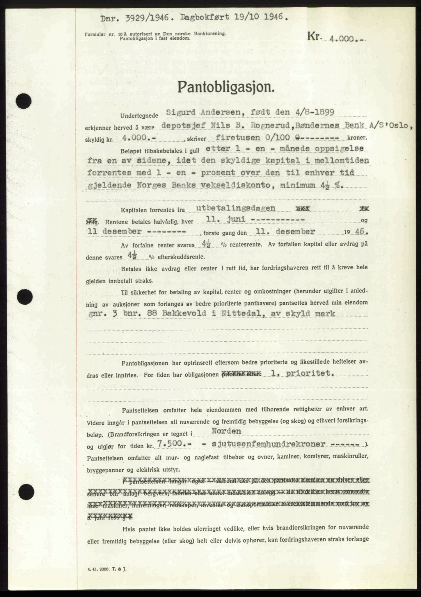 Nedre Romerike sorenskriveri, AV/SAO-A-10469/G/Gb/Gbd/L0017: Pantebok nr. 17, 1946-1946, Dagboknr: 3929/1946