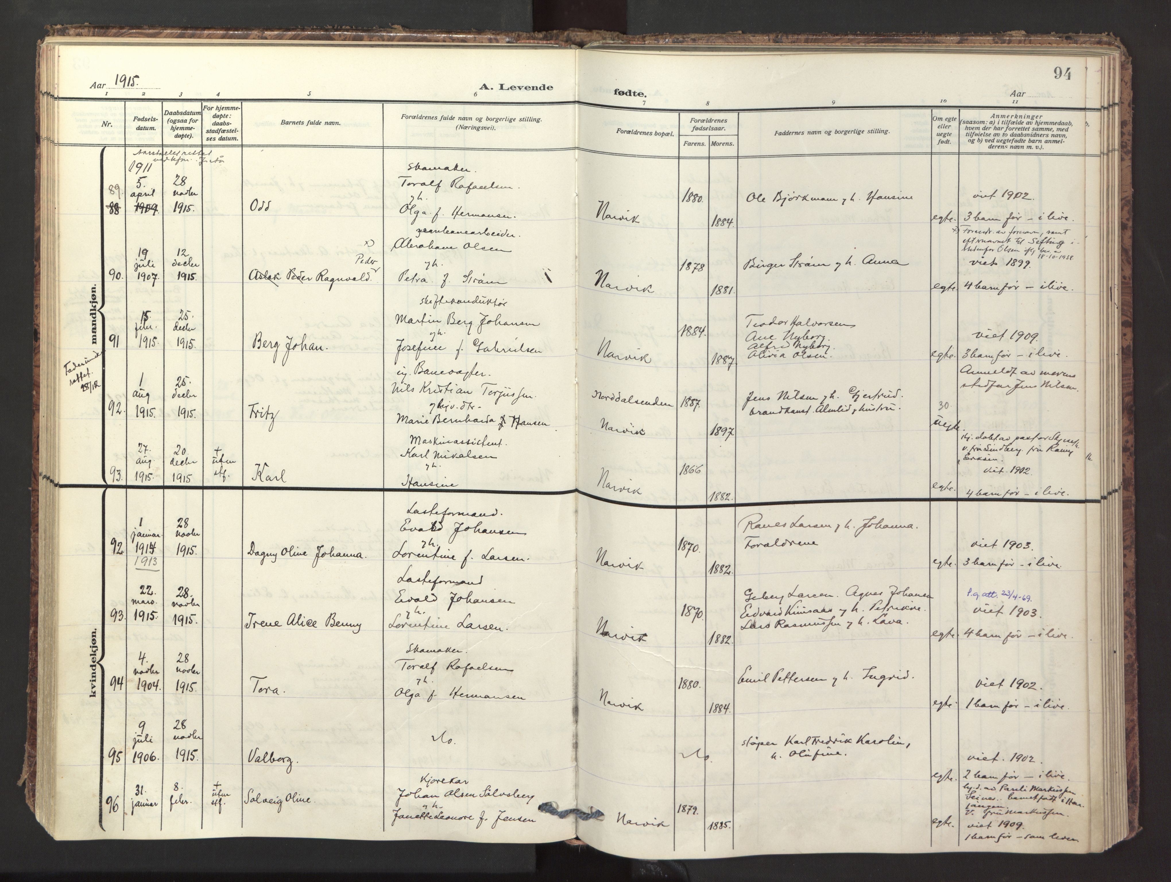 Ministerialprotokoller, klokkerbøker og fødselsregistre - Nordland, AV/SAT-A-1459/871/L1001: Ministerialbok nr. 871A17, 1911-1921, s. 94