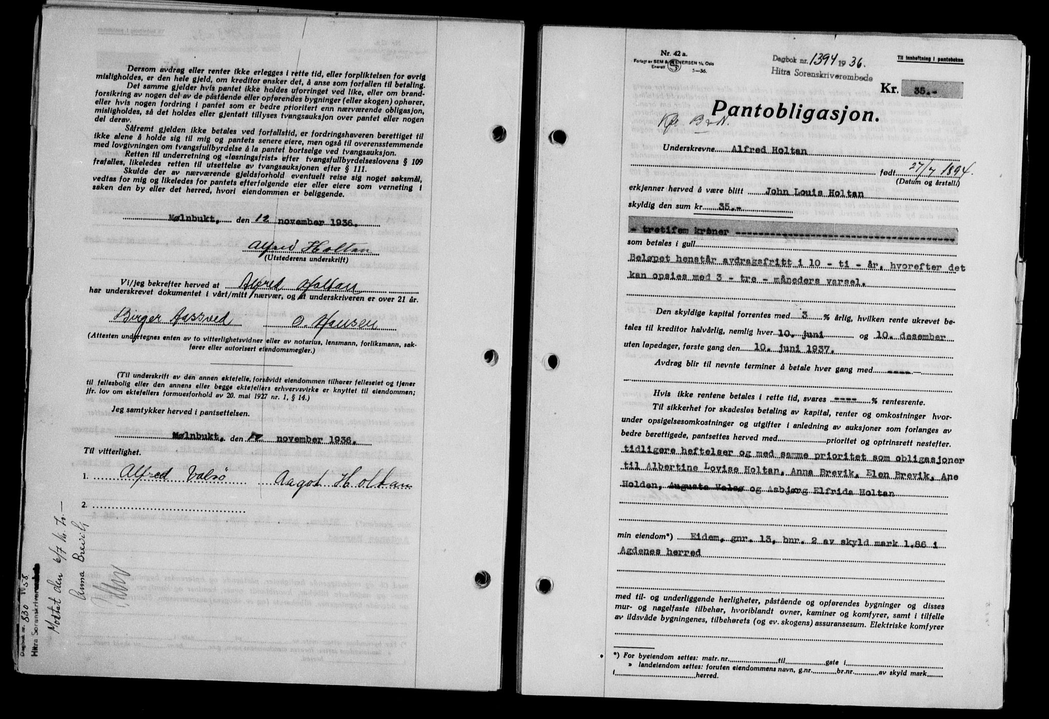 Hitra sorenskriveri, AV/SAT-A-0018/2/2C/2Ca/L0028: Pantebok nr. B-1, 1936-1939, Dagboknr: 1394/1936