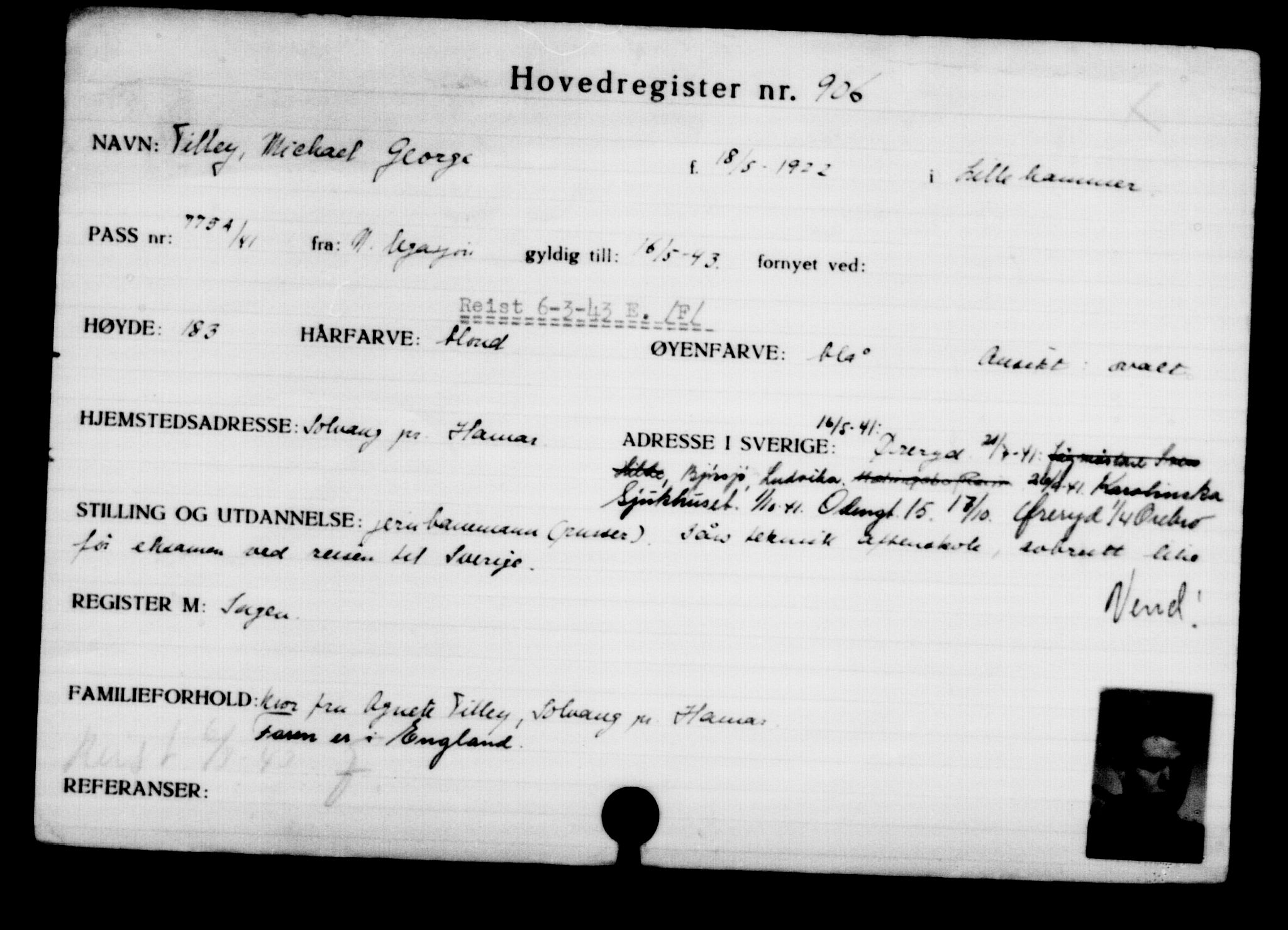Utenriksstasjonene, Legasjonen i Stockholm, Flyktningkontoret, AV/RA-S-6753/V/Va/L0001: Kjesäterkartoteket, flyktninger med registreringsnr. 1-1000, 1940-1945, s. 1429