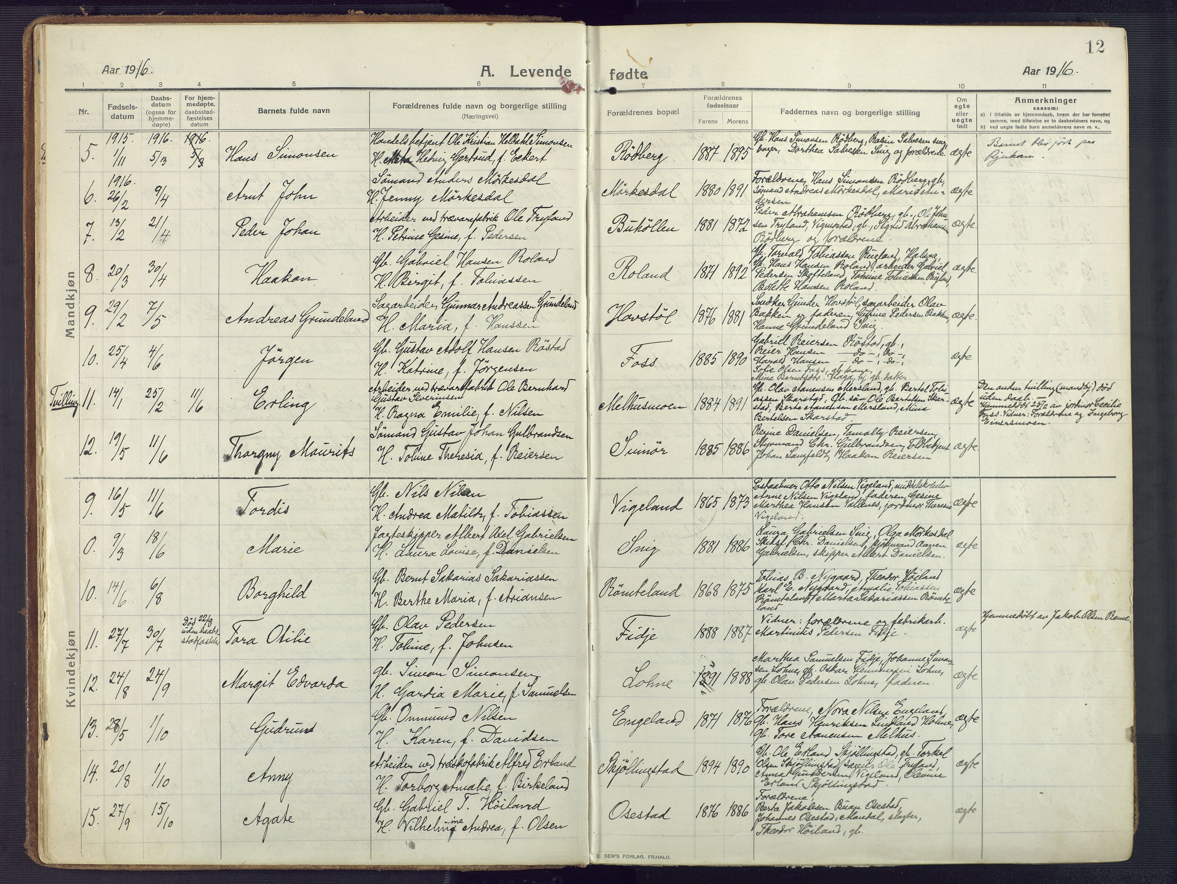 Sør-Audnedal sokneprestkontor, SAK/1111-0039/F/Fa/Fab/L0011: Ministerialbok nr. A 11, 1912-1938, s. 12