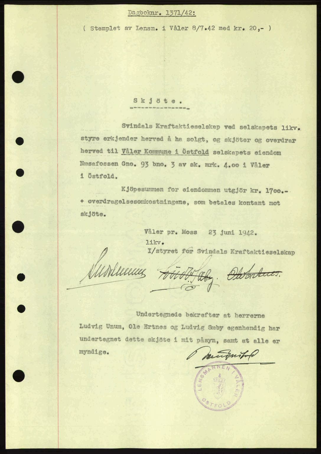Moss sorenskriveri, SAO/A-10168: Pantebok nr. A10, 1942-1943, Dagboknr: 1371/1942