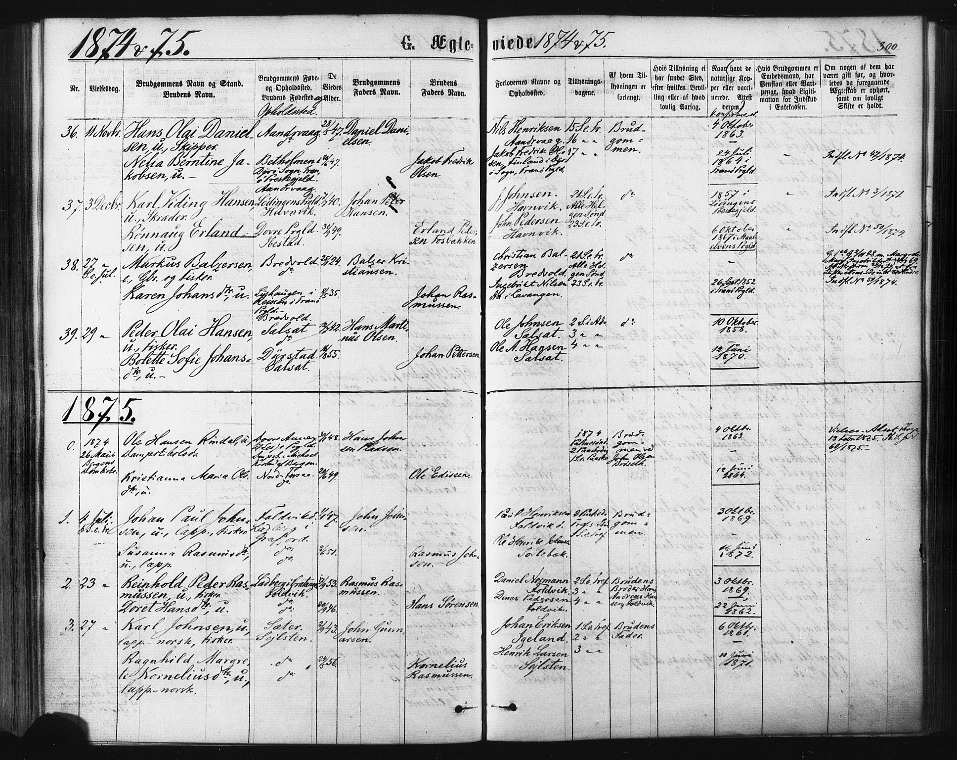 Ibestad sokneprestembete, AV/SATØ-S-0077/H/Ha/Haa/L0010kirke: Ministerialbok nr. 10, 1869-1879, s. 300