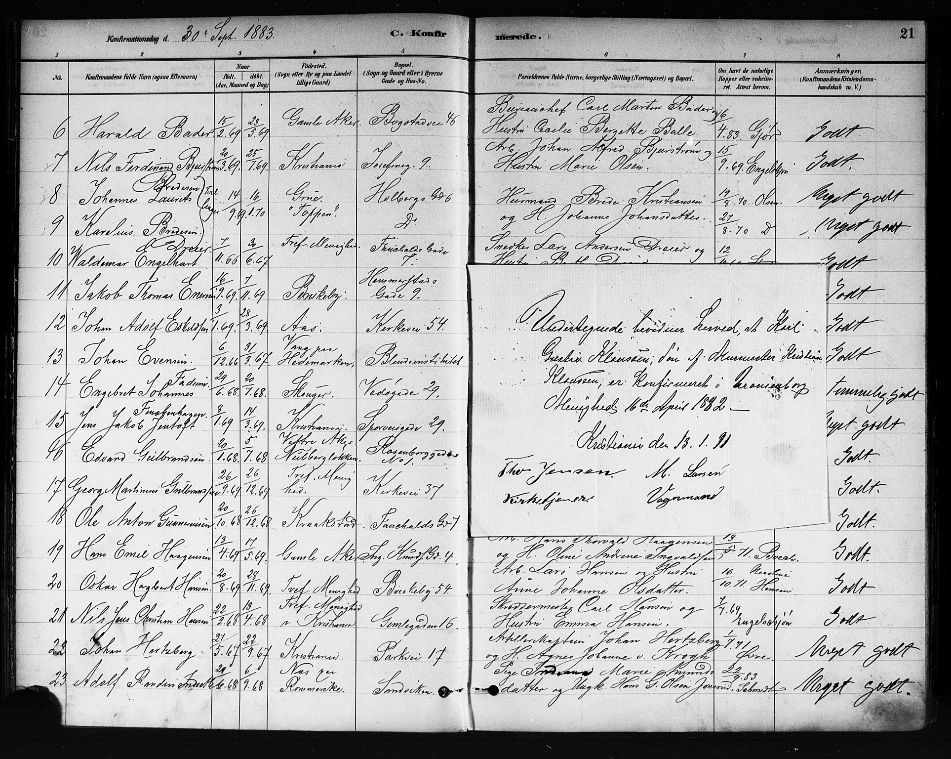 Uranienborg prestekontor Kirkebøker, AV/SAO-A-10877/F/Fa/L0002: Ministerialbok nr. I 2, 1880-1896, s. 21