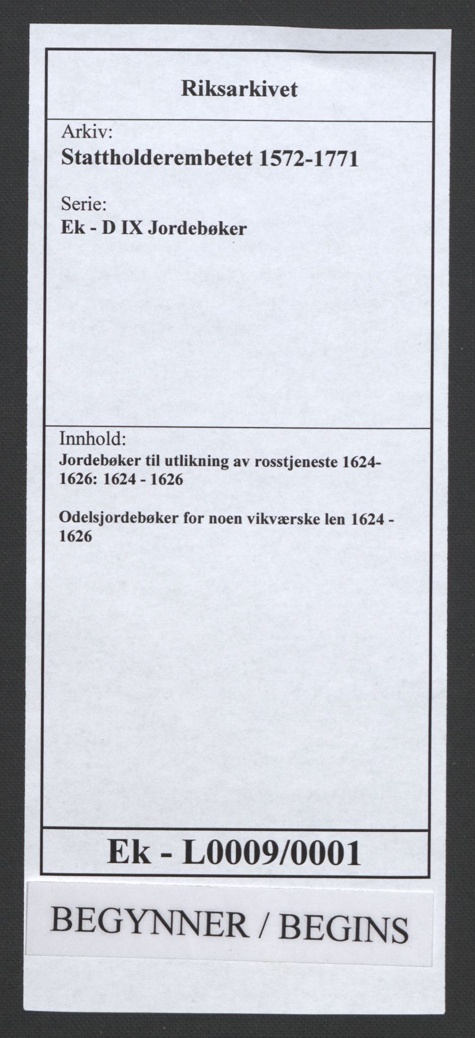 Stattholderembetet 1572-1771, AV/RA-EA-2870/Ek/L0009/0001: Jordebøker til utlikning av rosstjeneste 1624-1626: / Odelsjordebøker for noen vikværske len, 1624-1626, s. 1