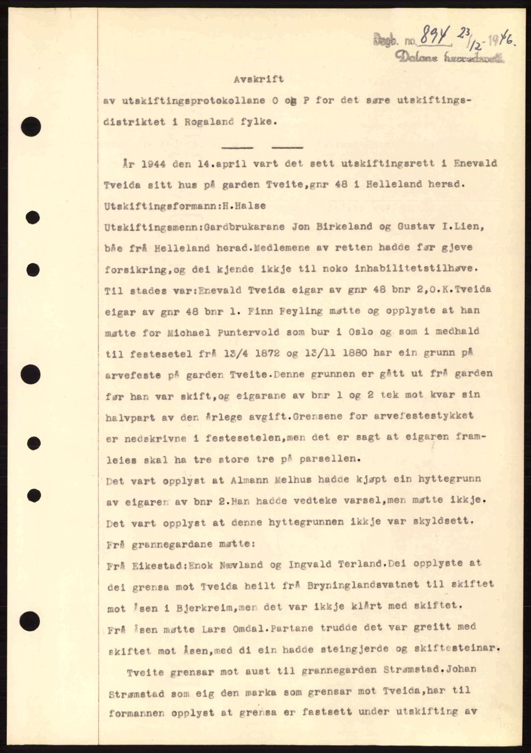 Dalane sorenskriveri, SAST/A-100309/02/G/Gb/L0049: Pantebok nr. A9, 1946-1947, Dagboknr: 894/1946