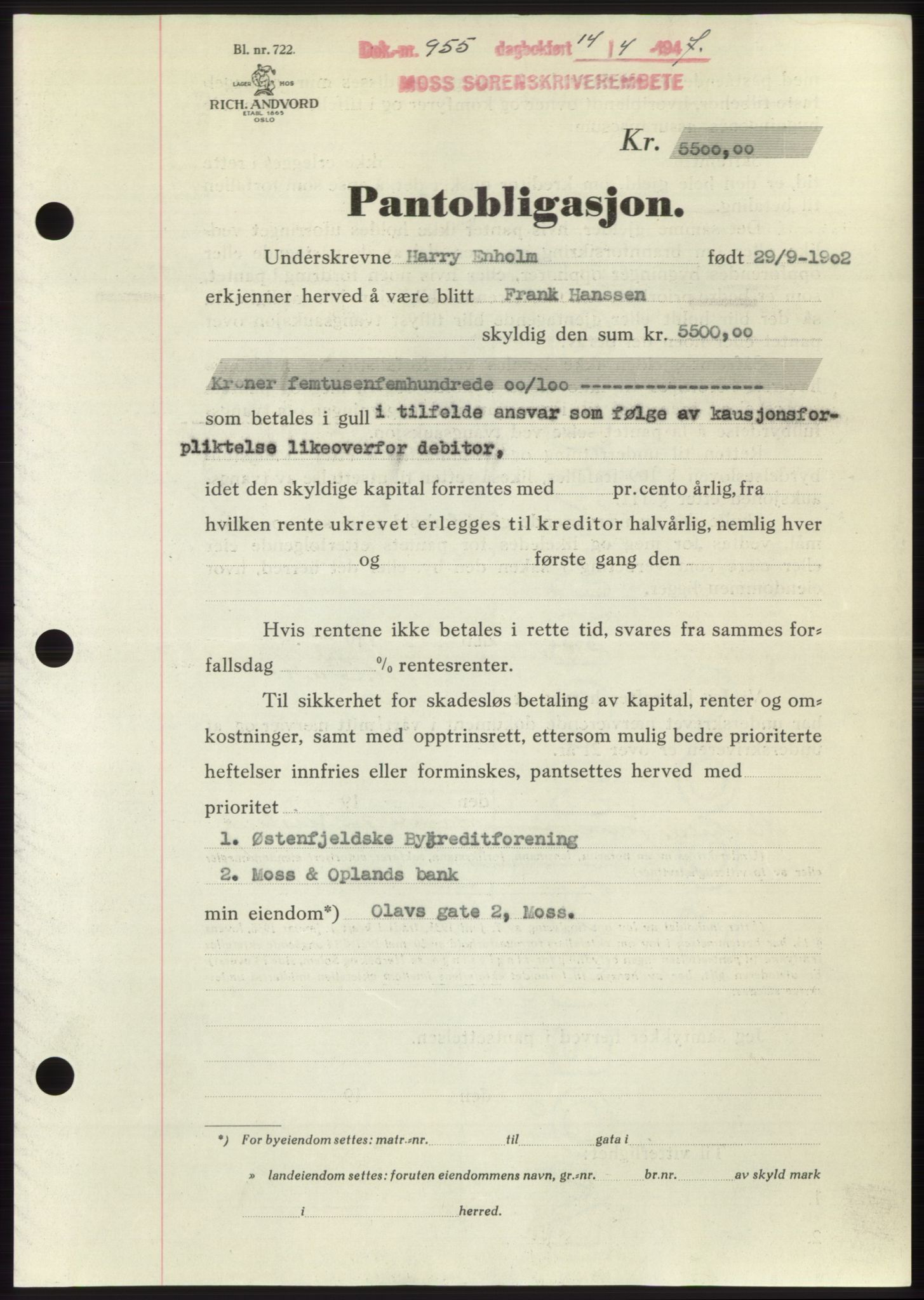 Moss sorenskriveri, SAO/A-10168: Pantebok nr. B17, 1947-1947, Dagboknr: 955/1947