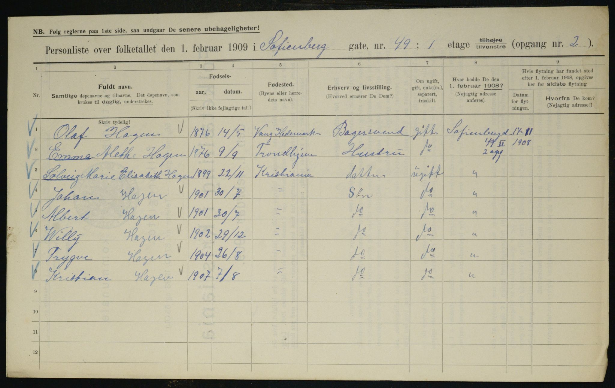 OBA, Kommunal folketelling 1.2.1909 for Kristiania kjøpstad, 1909, s. 89460