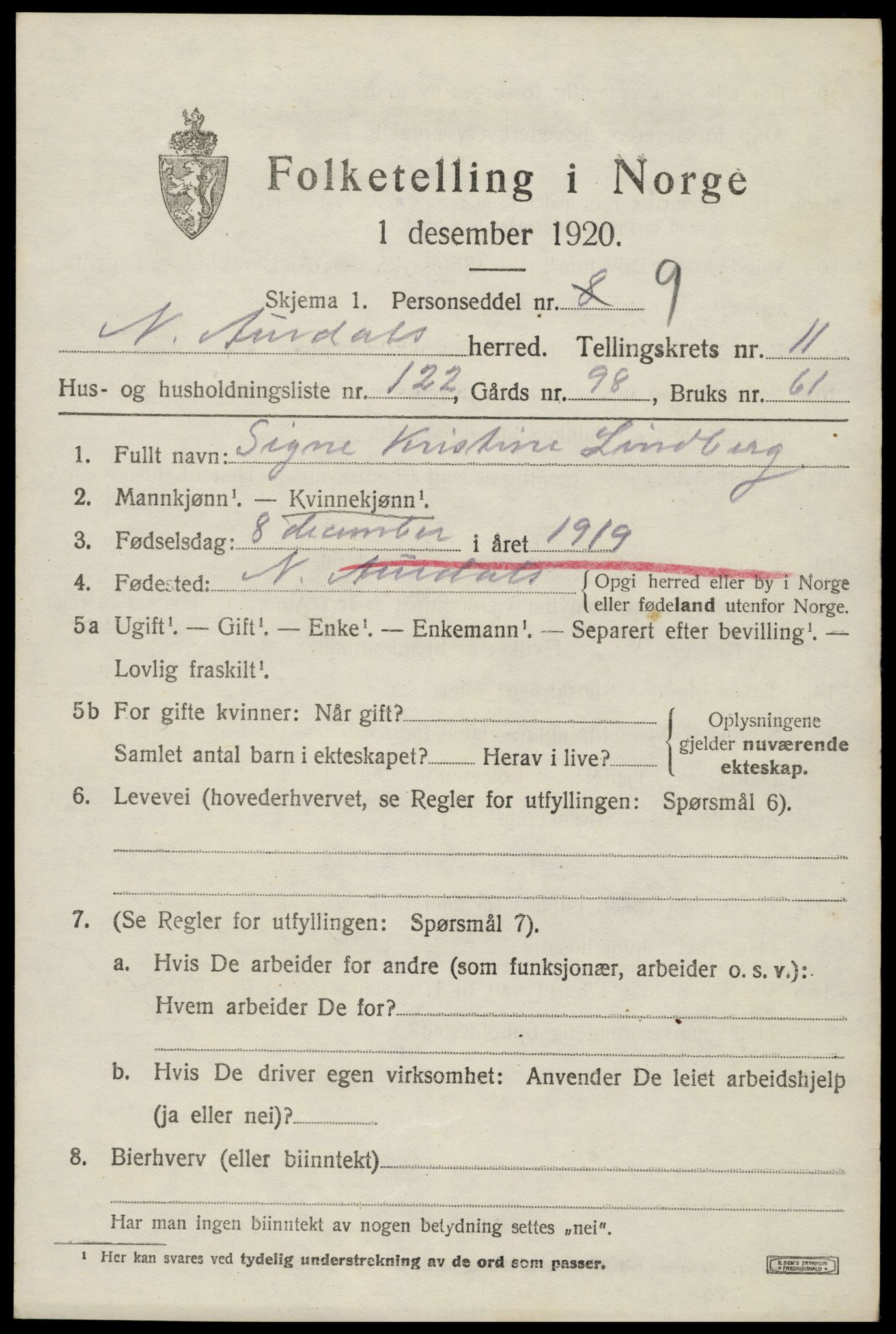 SAH, Folketelling 1920 for 0542 Nord-Aurdal herred, 1920, s. 9882