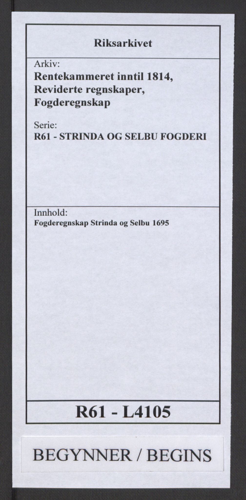 Rentekammeret inntil 1814, Reviderte regnskaper, Fogderegnskap, RA/EA-4092/R61/L4105: Fogderegnskap Strinda og Selbu, 1695, s. 1