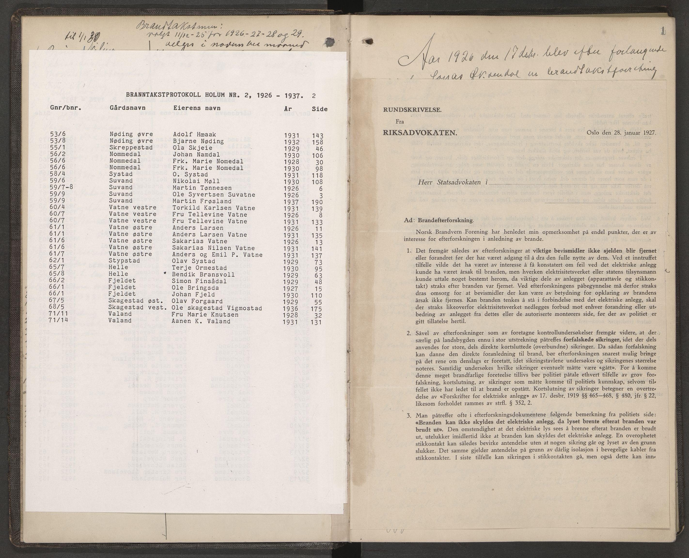 Norges Brannkasse Holum, AV/SAK-2241-0025/F/Fa/L0003: Branntakstprotokoll nr. 2 med gårdsnavnregister, 1926-1937