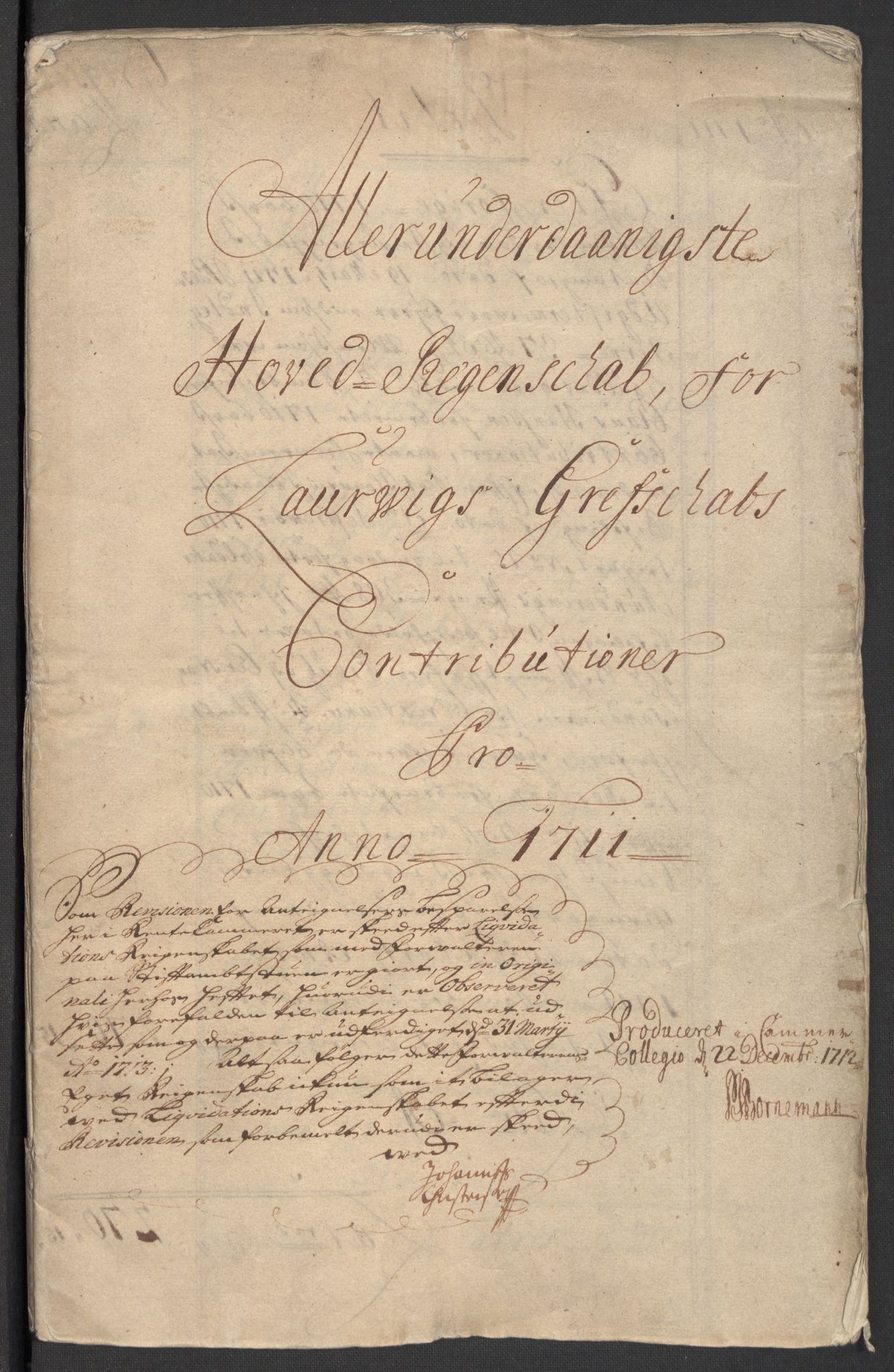 Rentekammeret inntil 1814, Reviderte regnskaper, Fogderegnskap, RA/EA-4092/R33/L1983: Fogderegnskap Larvik grevskap, 1711, s. 3