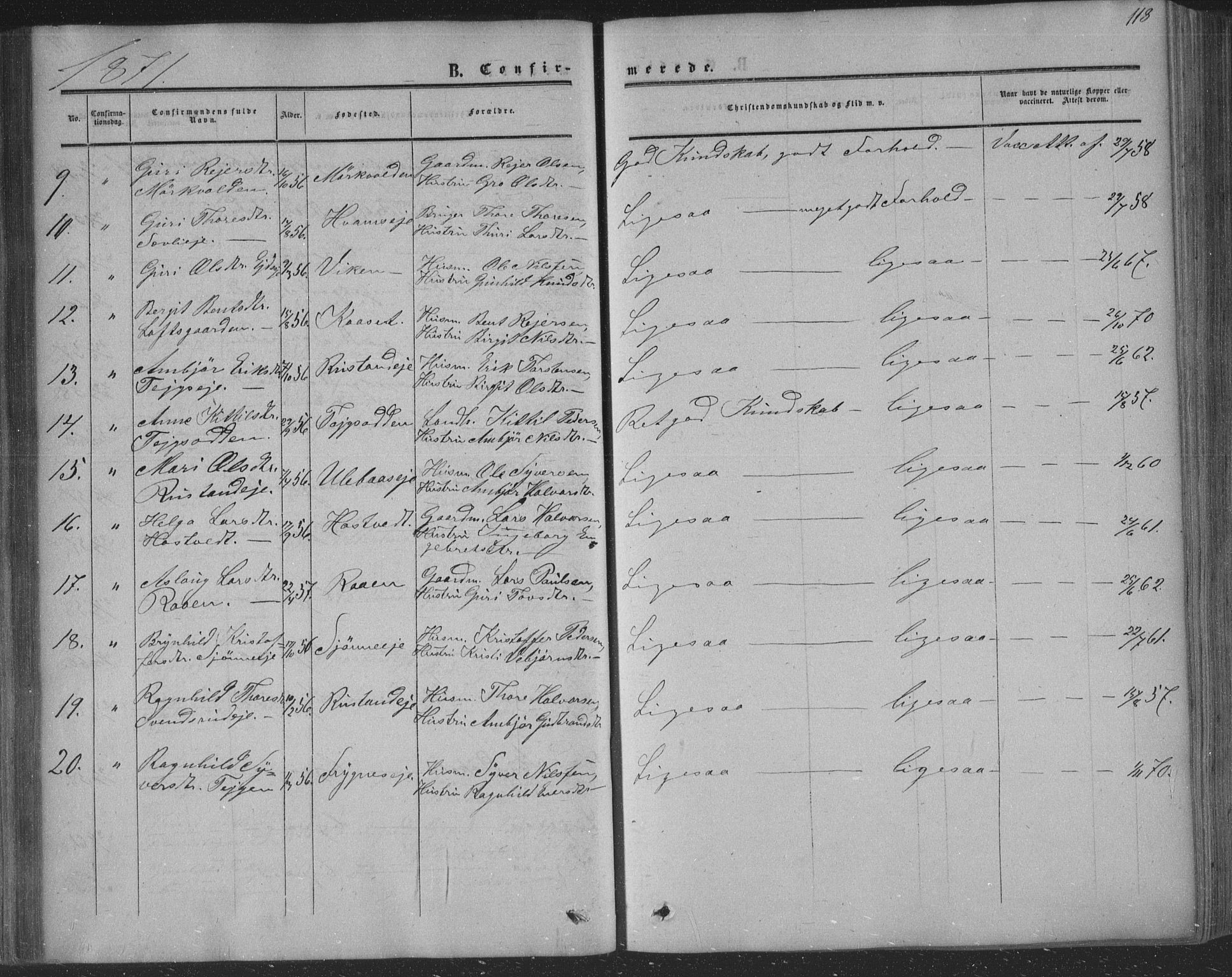 Nore kirkebøker, AV/SAKO-A-238/F/Fa/L0002: Ministerialbok nr. I 2, 1856-1871, s. 118