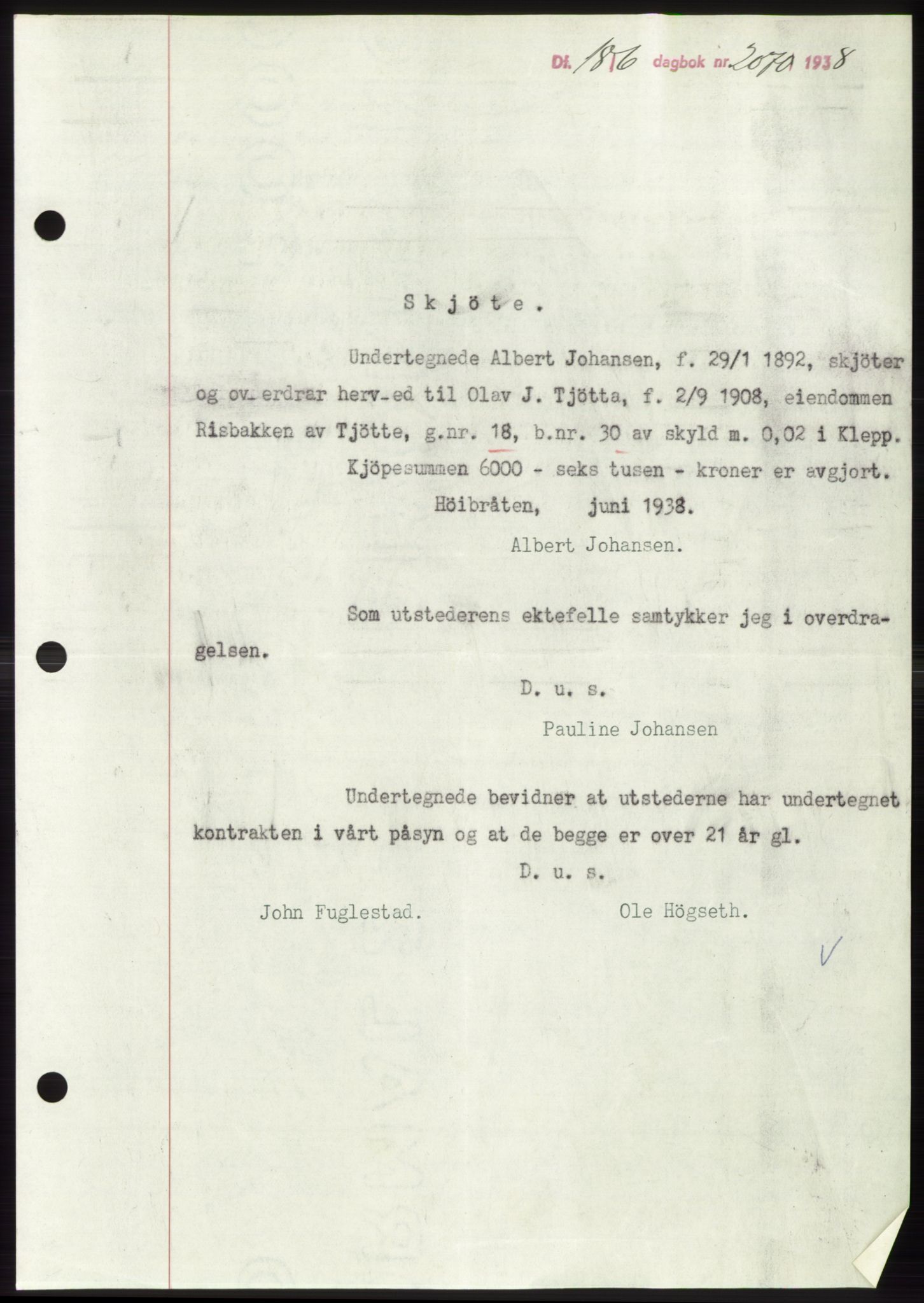 Jæren sorenskriveri, SAST/A-100310/03/G/Gba/L0071: Pantebok, 1938-1938, Dagboknr: 2070/1938