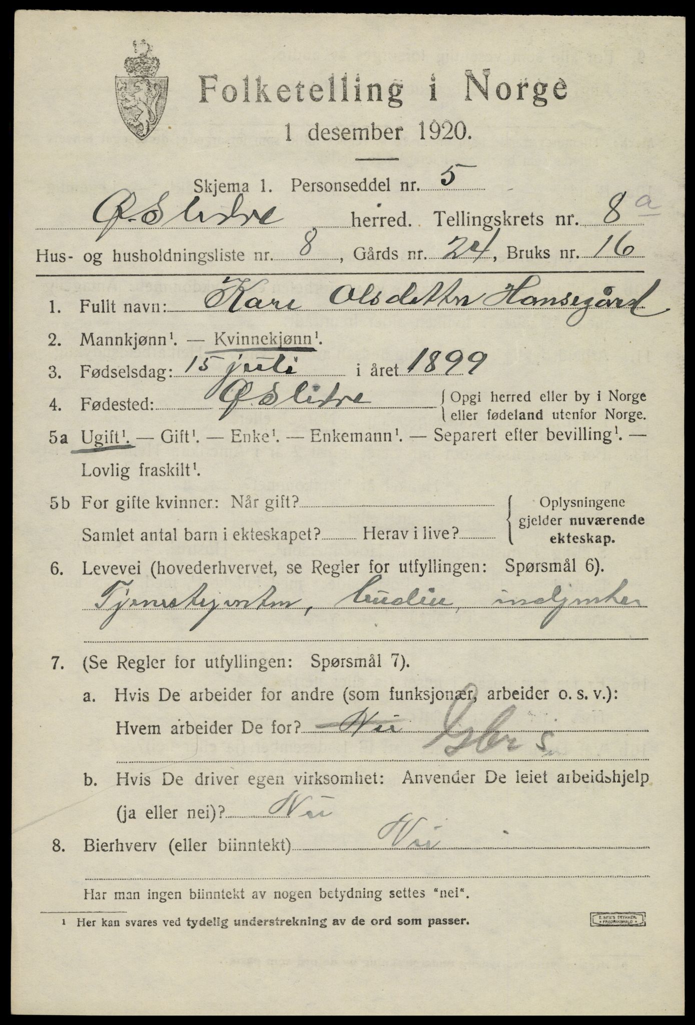 SAH, Folketelling 1920 for 0544 Øystre Slidre herred, 1920, s. 4865