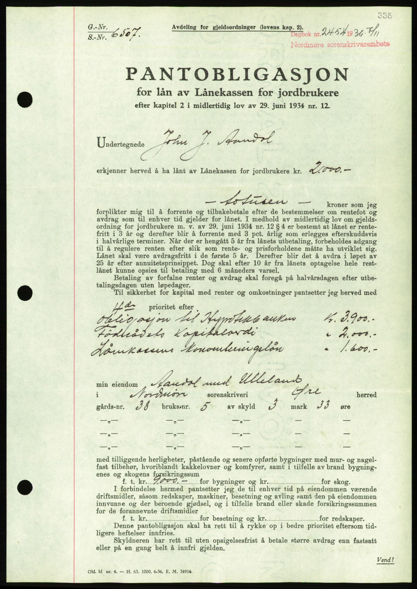 Nordmøre sorenskriveri, AV/SAT-A-4132/1/2/2Ca/L0090: Pantebok nr. B80, 1936-1937, Dagboknr: 2454/1936