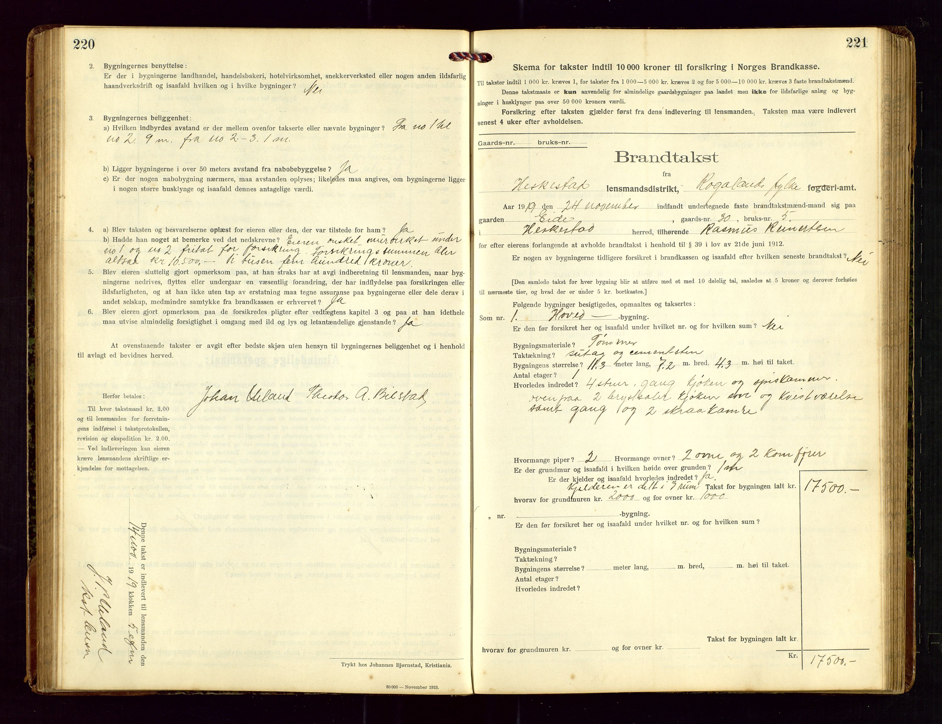 Heskestad lensmannskontor, AV/SAST-A-100304/Gob/L0002: "Brandtakstprotokol", 1915-1922, s. 220-221