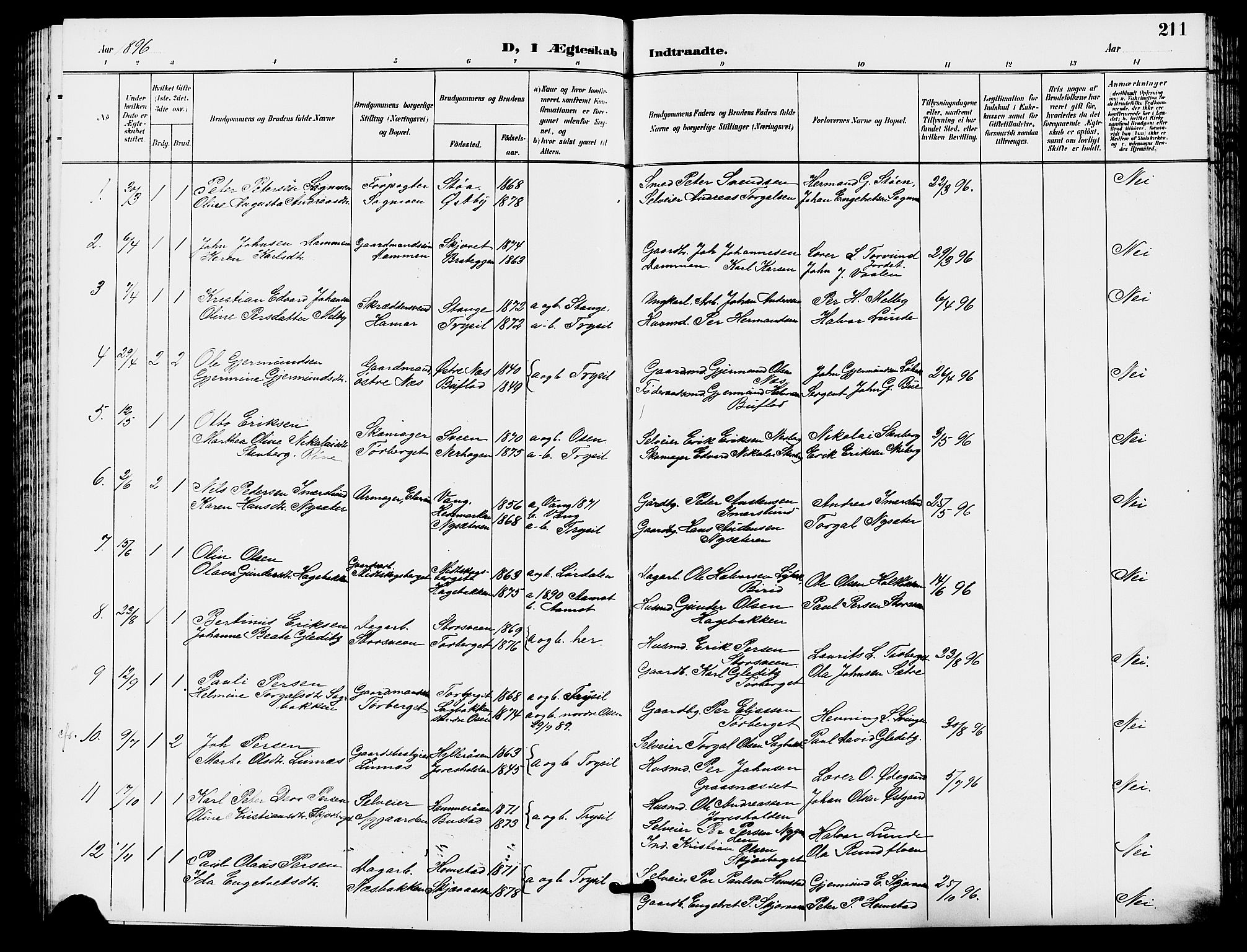 Trysil prestekontor, SAH/PREST-046/H/Ha/Hab/L0006: Klokkerbok nr. 6, 1896-1912, s. 211