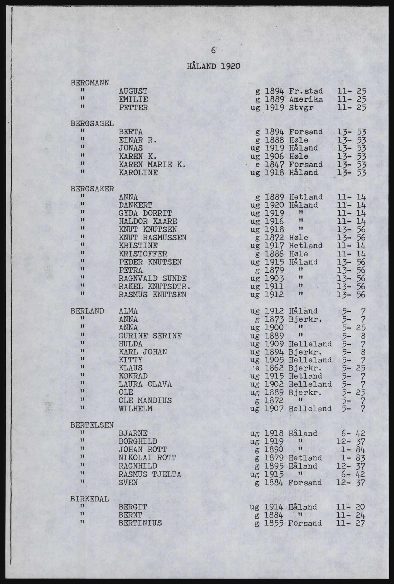 SAST, Avskrift av folketellingen 1920 for Håland herred, 1920, s. 140