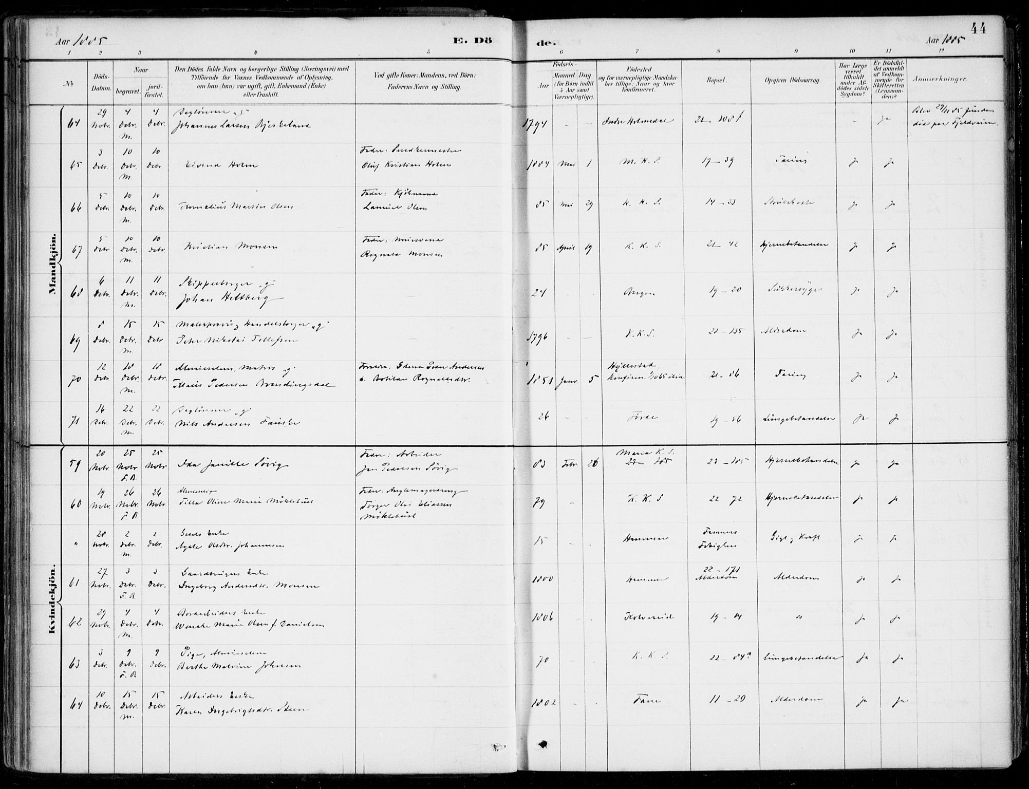 Korskirken sokneprestembete, AV/SAB-A-76101/H/Hab: Klokkerbok nr. E 4, 1884-1910, s. 44