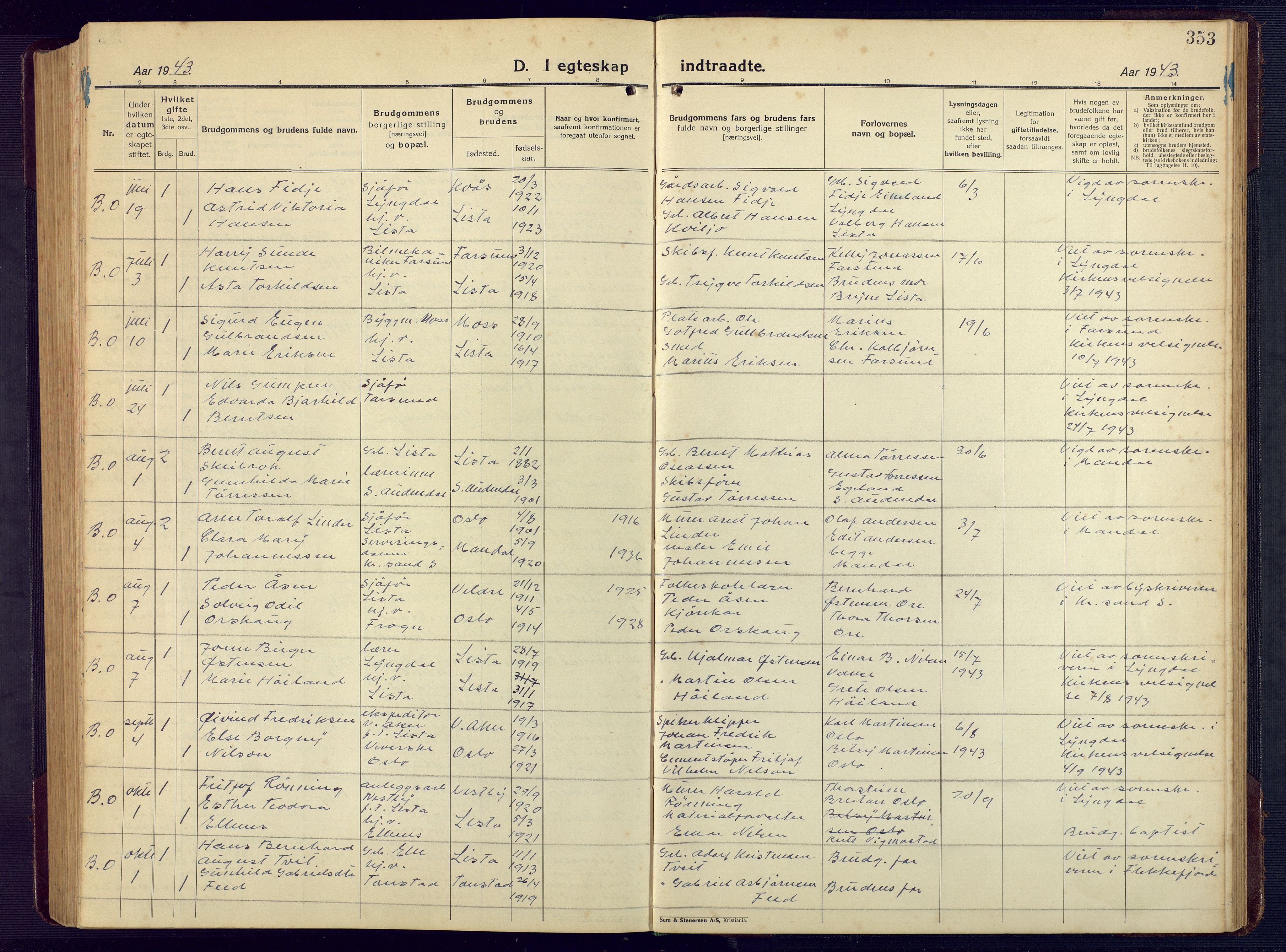 Lista sokneprestkontor, SAK/1111-0027/F/Fb/L0006: Klokkerbok nr. B 6, 1924-1947, s. 353