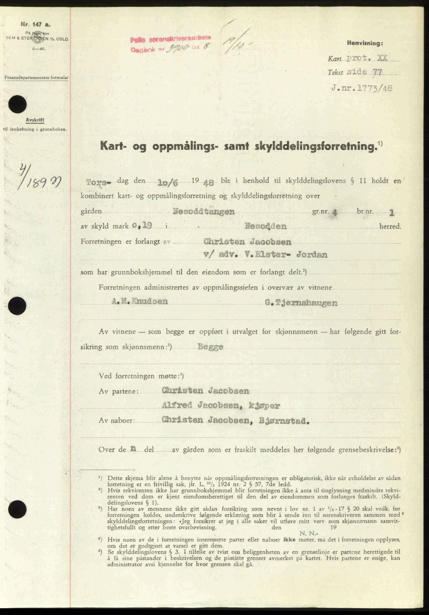 Follo sorenskriveri, SAO/A-10274/G/Ga/Gaa/L0085: Pantebok nr. I 85, 1948-1948, Dagboknr: 3900/1948