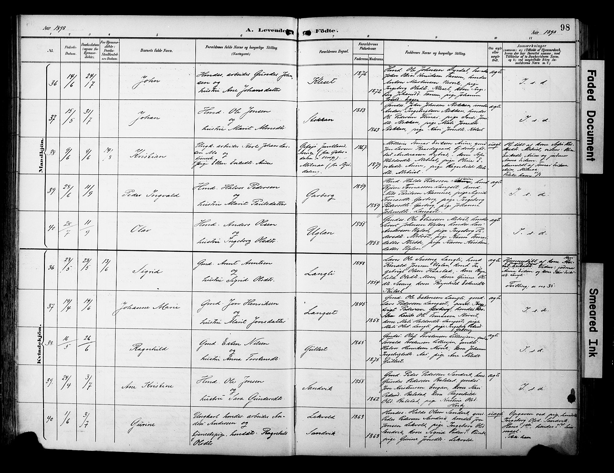 Ministerialprotokoller, klokkerbøker og fødselsregistre - Sør-Trøndelag, AV/SAT-A-1456/695/L1149: Ministerialbok nr. 695A09, 1891-1902, s. 98