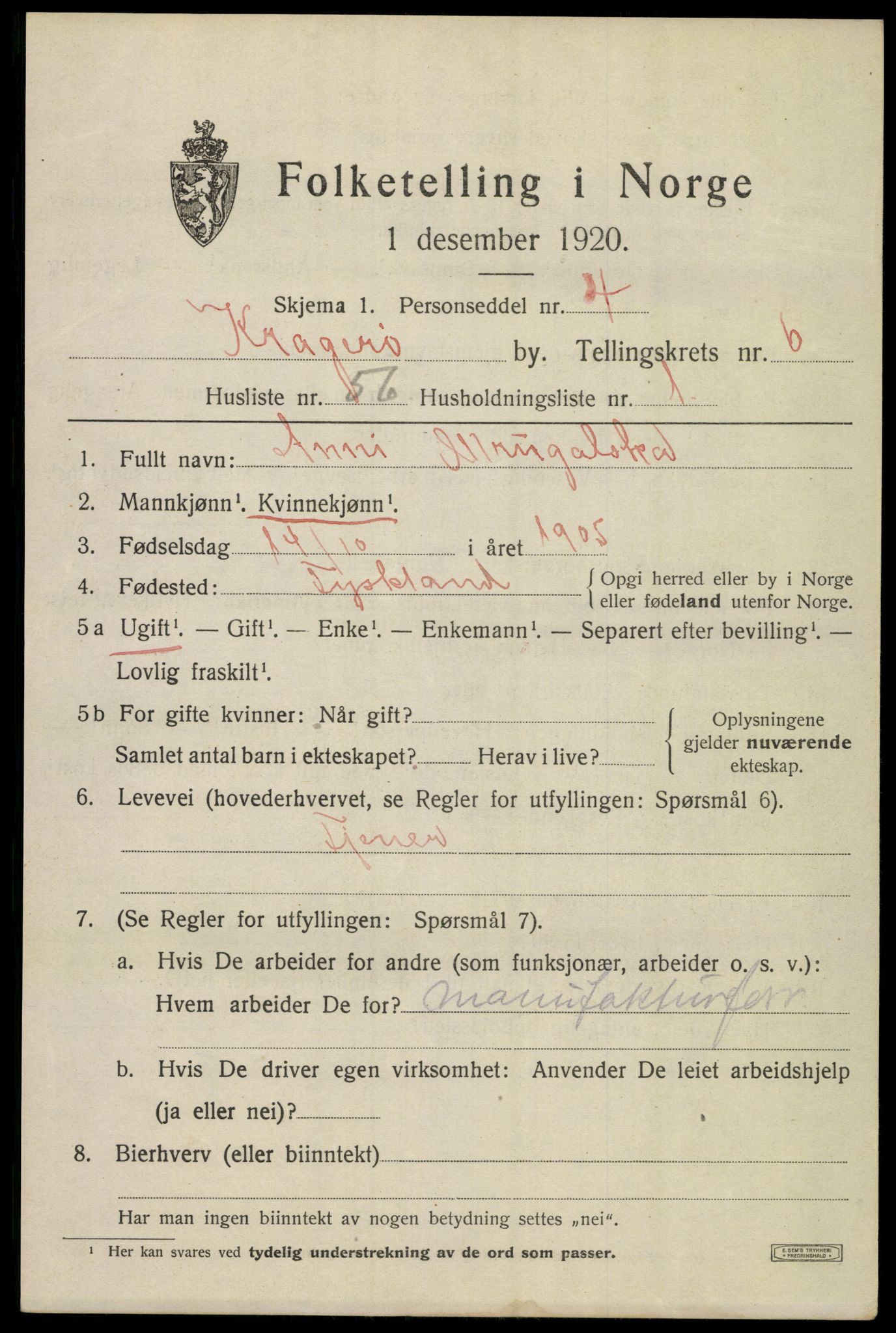 SAKO, Folketelling 1920 for 0801 Kragerø kjøpstad, 1920, s. 9705