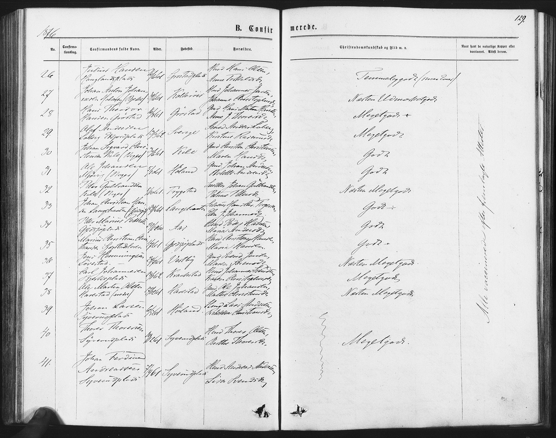 Kråkstad prestekontor Kirkebøker, SAO/A-10125a/F/Fa/L0008: Ministerialbok nr. I 8, 1870-1879, s. 129