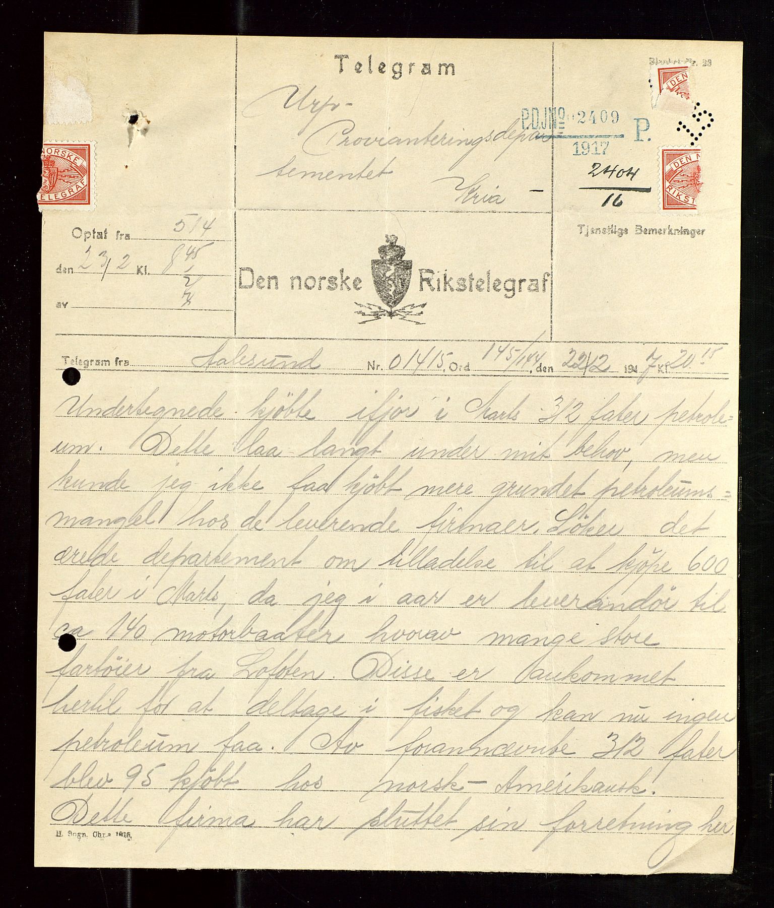 Pa 1521 - A/S Norske Shell, AV/SAST-A-101915/E/Ea/Eaa/L0020: Sjefskorrespondanse, 1917, s. 496