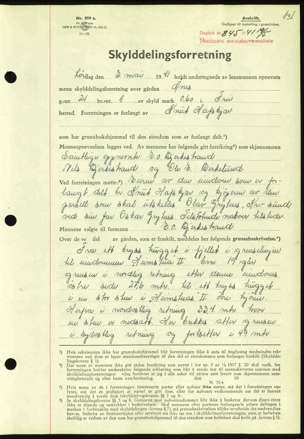 Nordmøre sorenskriveri, SAT/A-4132/1/2/2Ca: Pantebok nr. A90, 1941-1941, Dagboknr: 845/1941