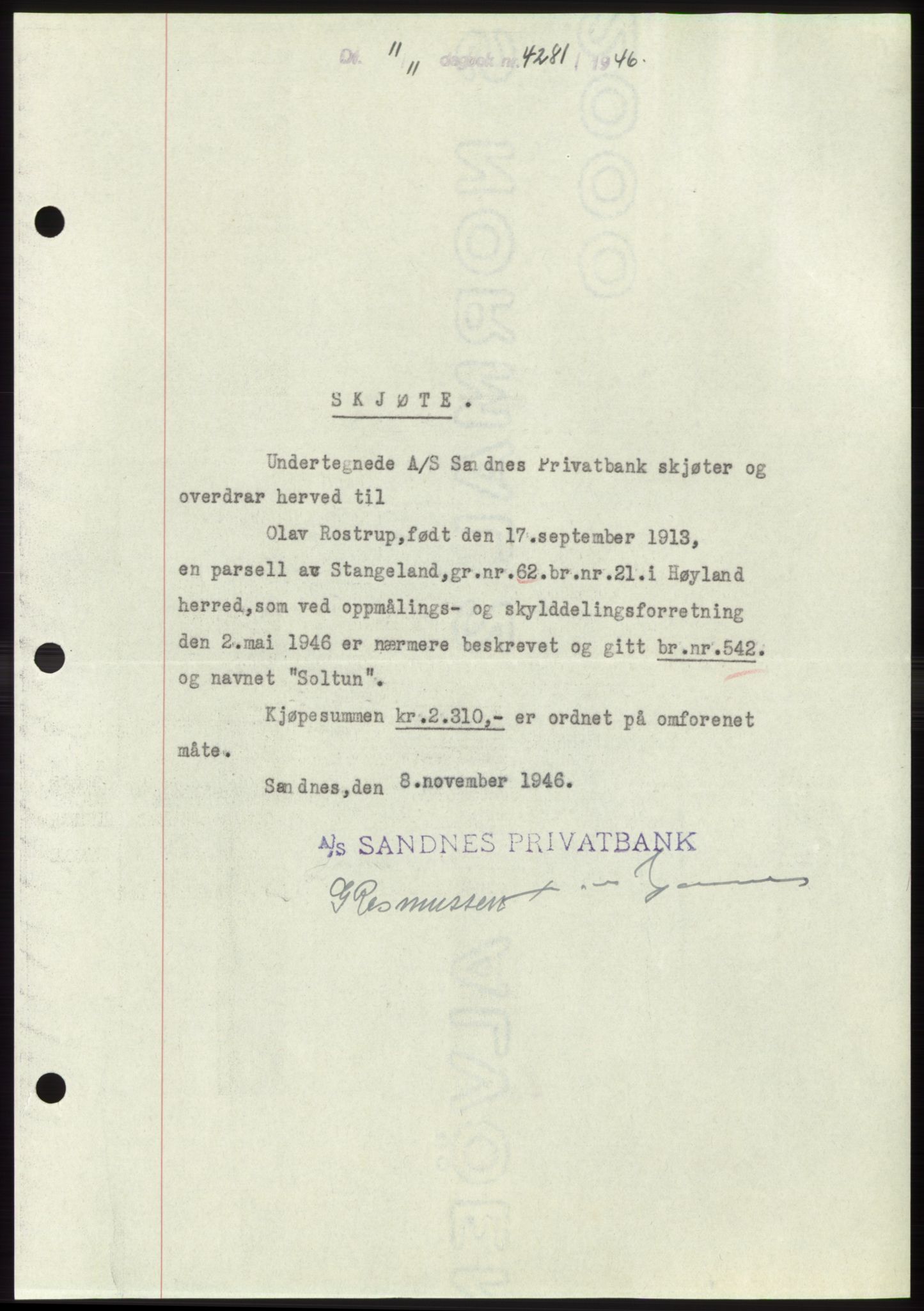 Jæren sorenskriveri, SAST/A-100310/03/G/Gba/L0092: Pantebok, 1946-1946, Dagboknr: 4281/1946