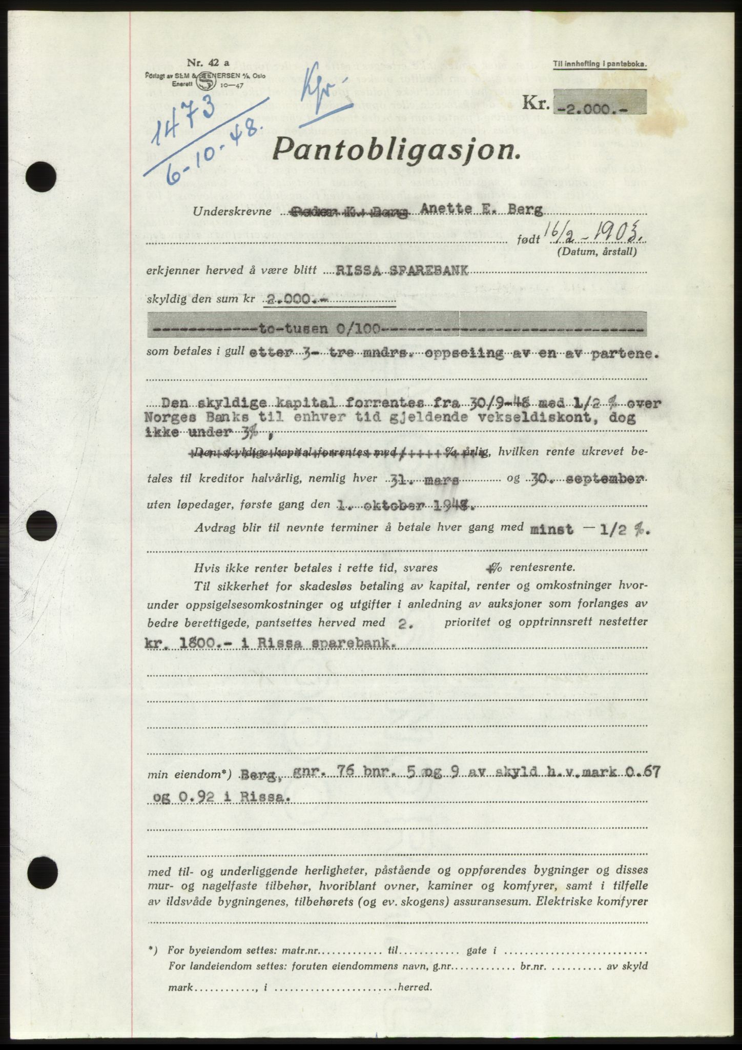 Fosen sorenskriveri, AV/SAT-A-1107/1/2/2C: Pantebok nr. B, 1948-1950, Dagboknr: 1473/1948