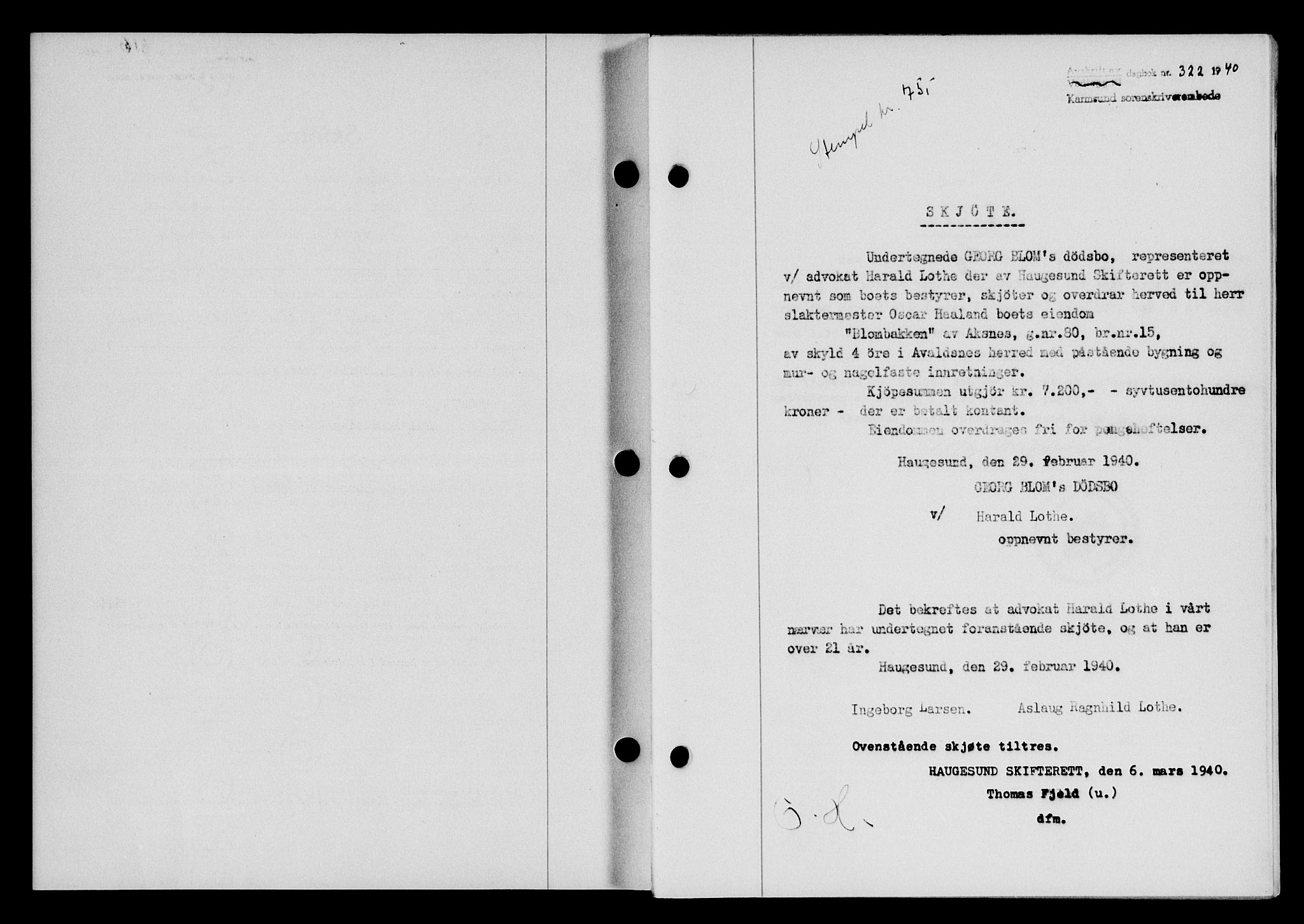 Karmsund sorenskriveri, SAST/A-100311/01/II/IIB/L0072: Pantebok nr. 53A, 1939-1940, Dagboknr: 322/1940