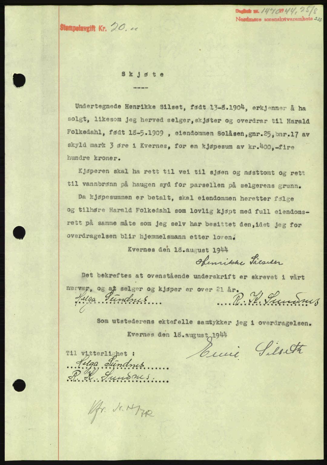 Nordmøre sorenskriveri, SAT/A-4132/1/2/2Ca: Pantebok nr. A98, 1944-1944, Dagboknr: 1470/1944