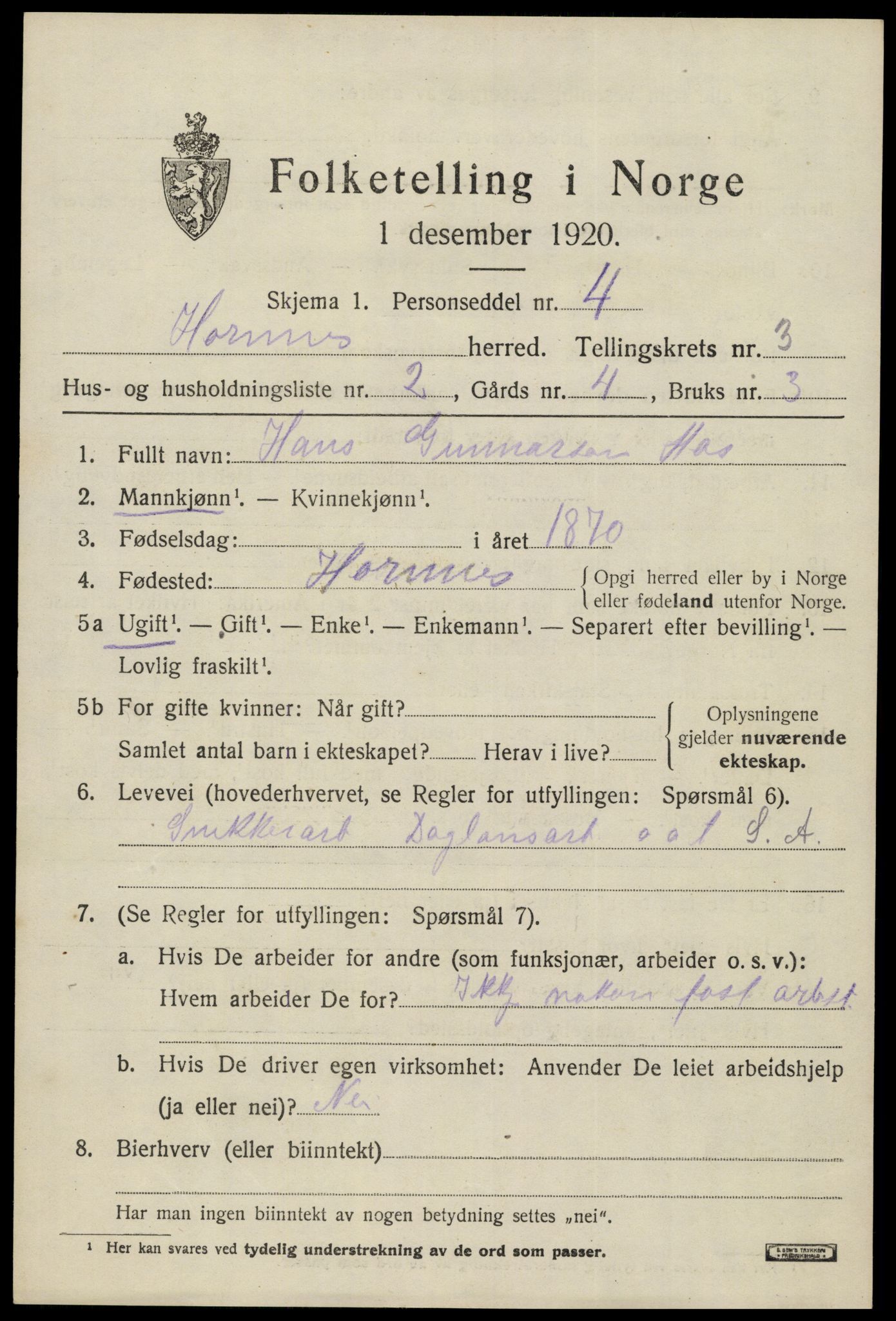 SAK, Folketelling 1920 for 0936 Hornnes herred, 1920, s. 823