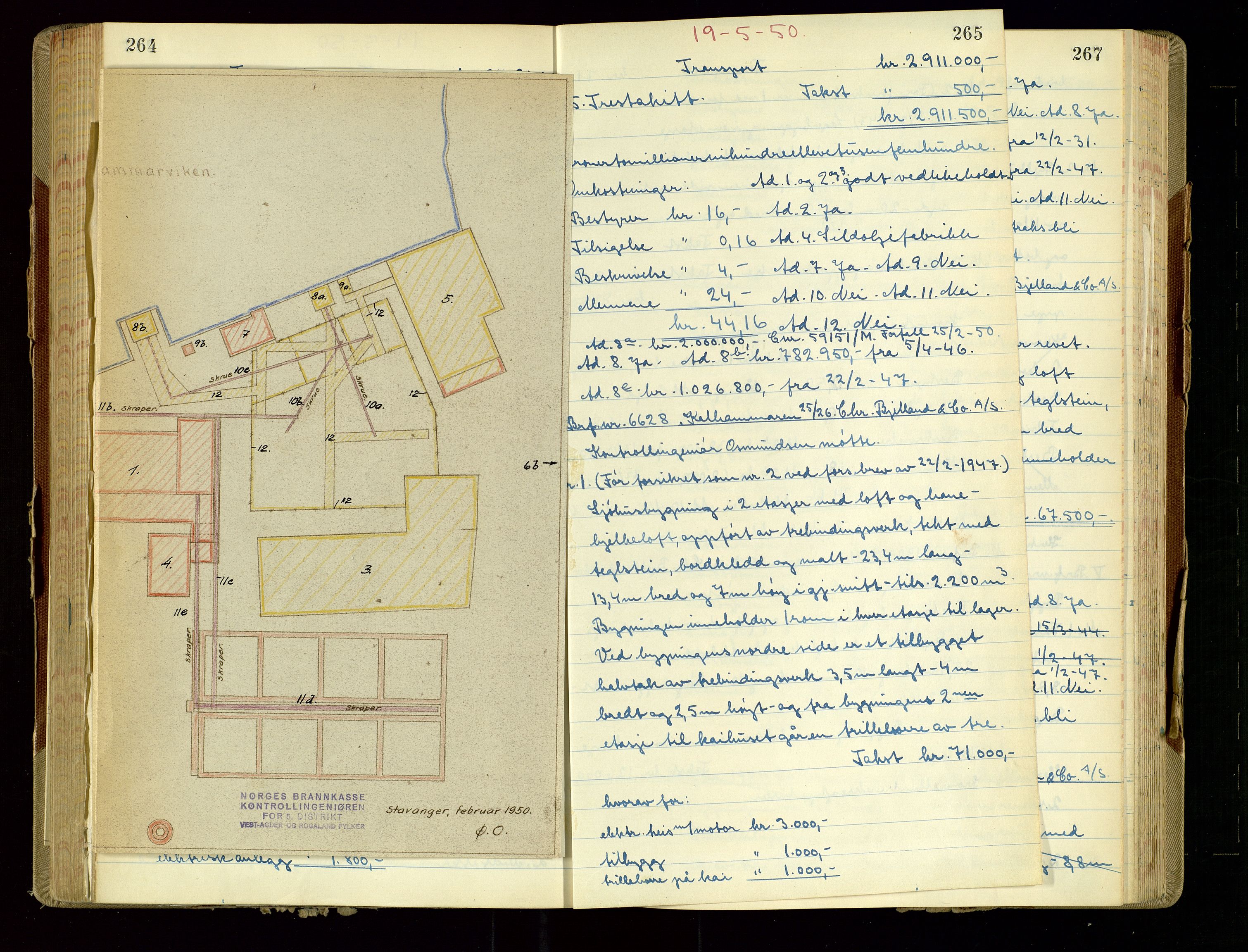Norges Brannkasse Stavanger, SAST/A-102143/F/Fd/L0037: Branntaksprotokoll nr. 48, 1949-1950, s. 264-265