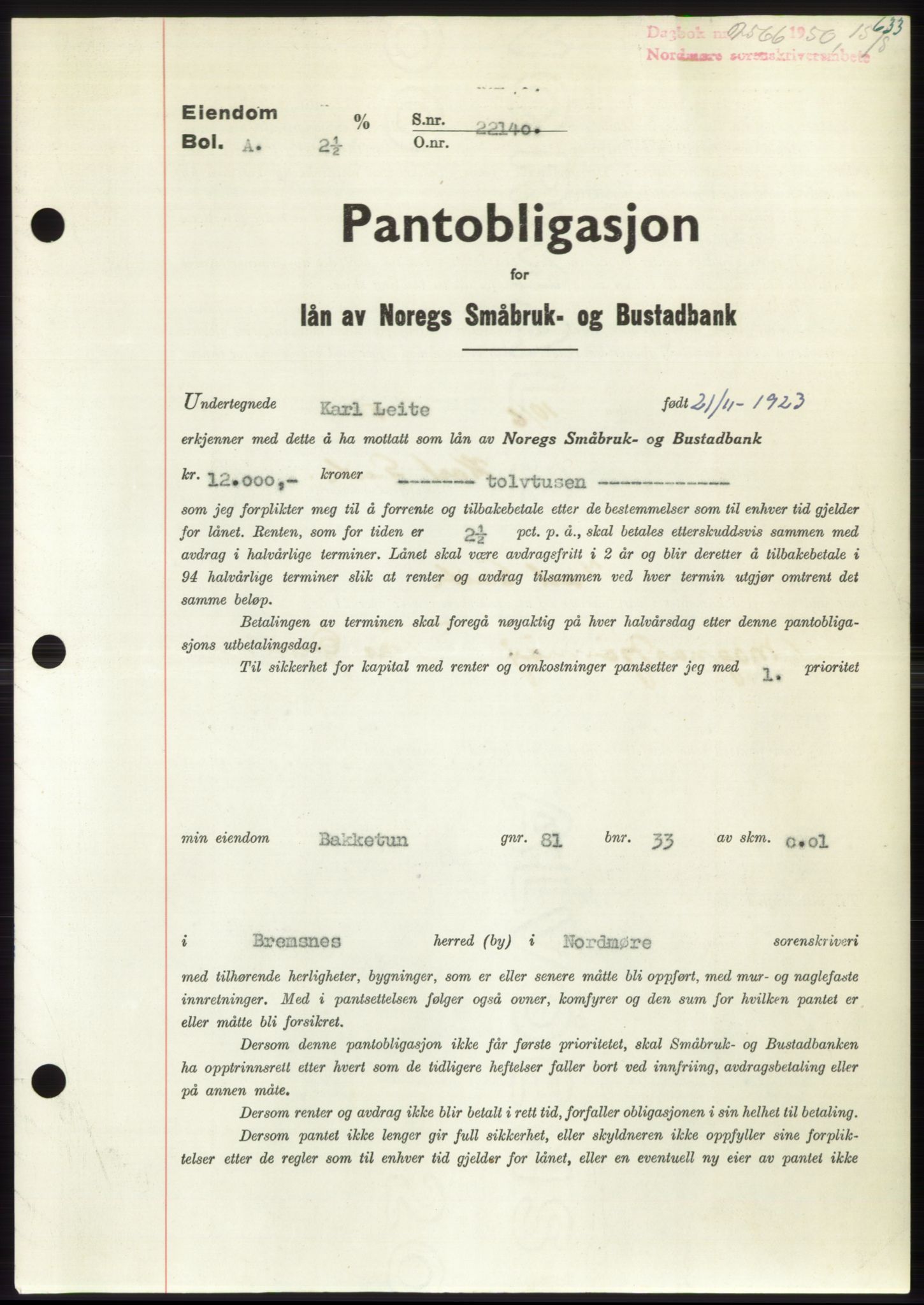 Nordmøre sorenskriveri, AV/SAT-A-4132/1/2/2Ca: Pantebok nr. B105, 1950-1950, Dagboknr: 2566/1950