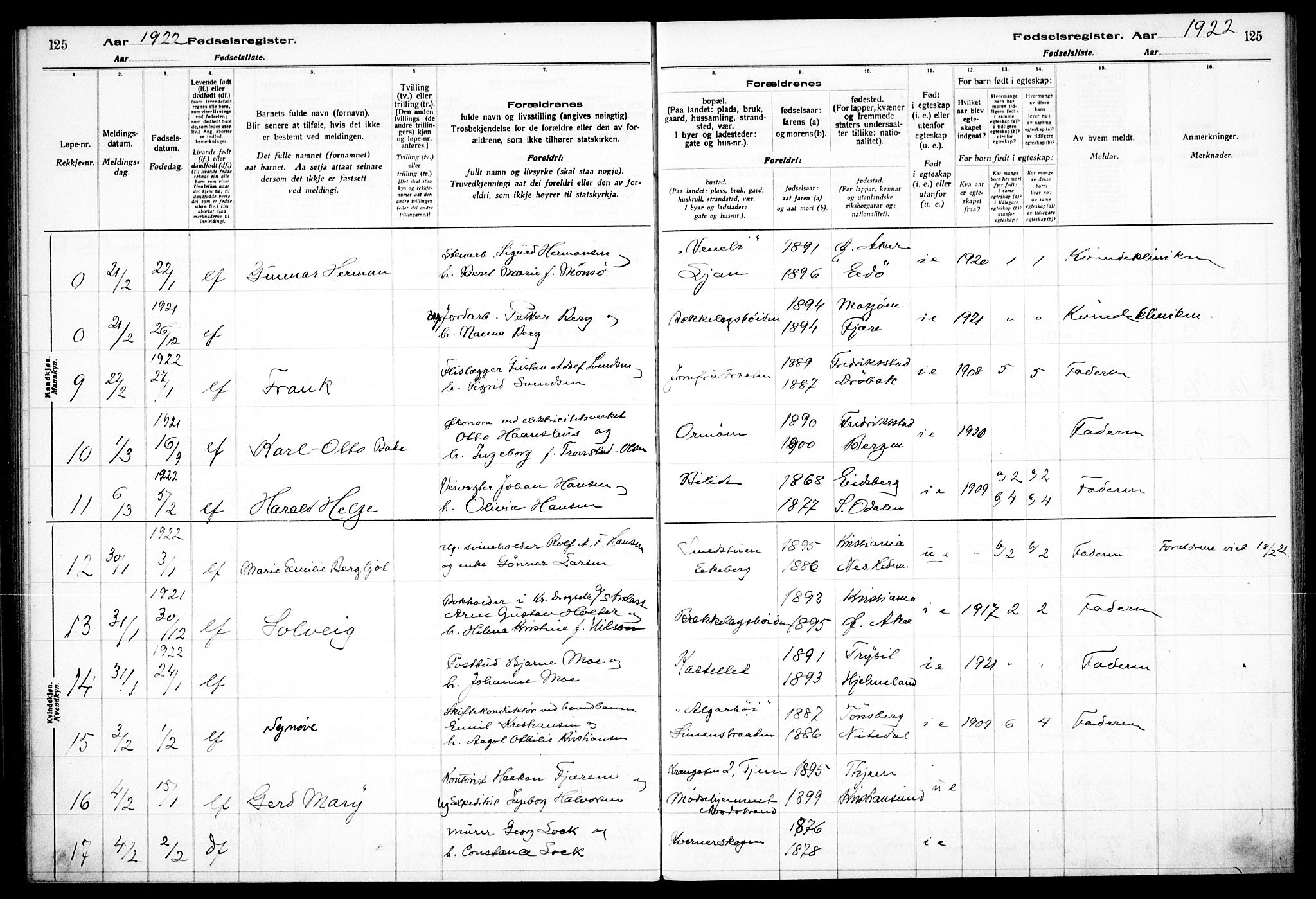 Nordstrand prestekontor Kirkebøker, AV/SAO-A-10362a/J/Ja/L0001: Fødselsregister nr. I 1, 1916-1924, s. 125