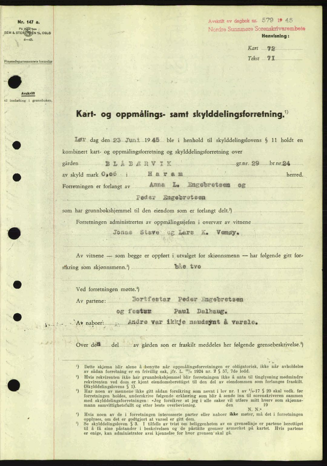 Nordre Sunnmøre sorenskriveri, SAT/A-0006/1/2/2C/2Ca: Pantebok nr. A19, 1944-1945, Dagboknr: 579/1945